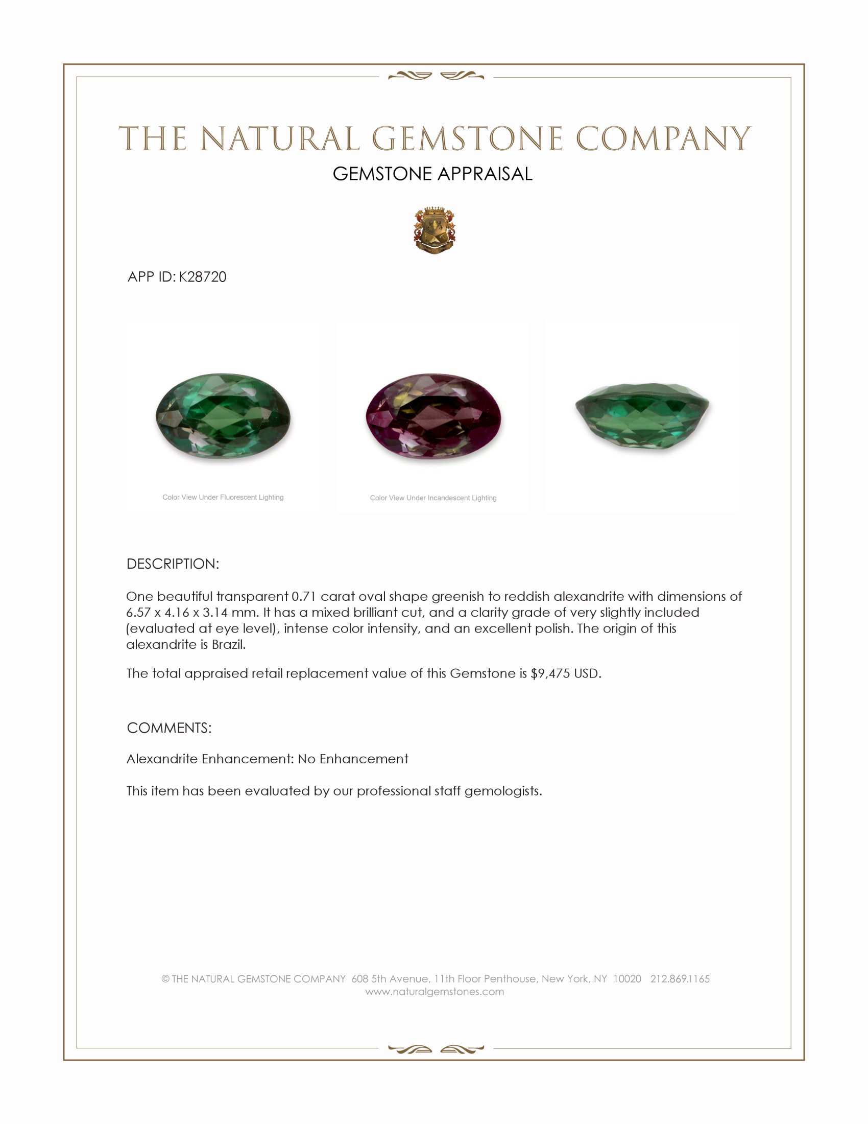 0.71 Ct. Alexandrite from Brazil