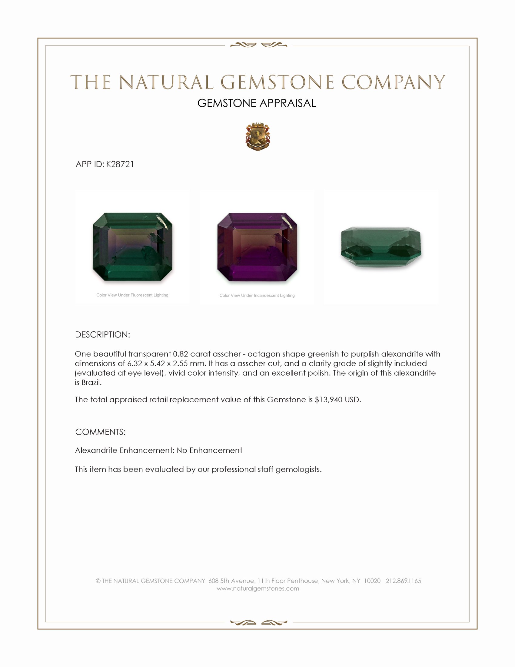 0.82 Ct. Alexandrite from Brazil