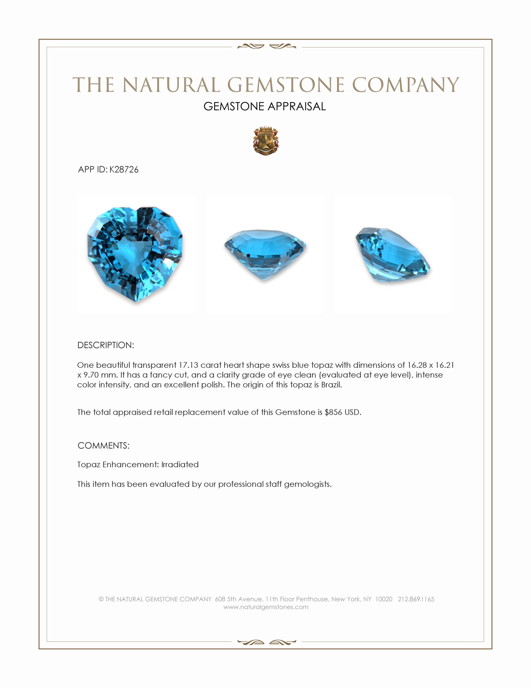17.13 Ct. Swiss Blue Topaz from Brazil