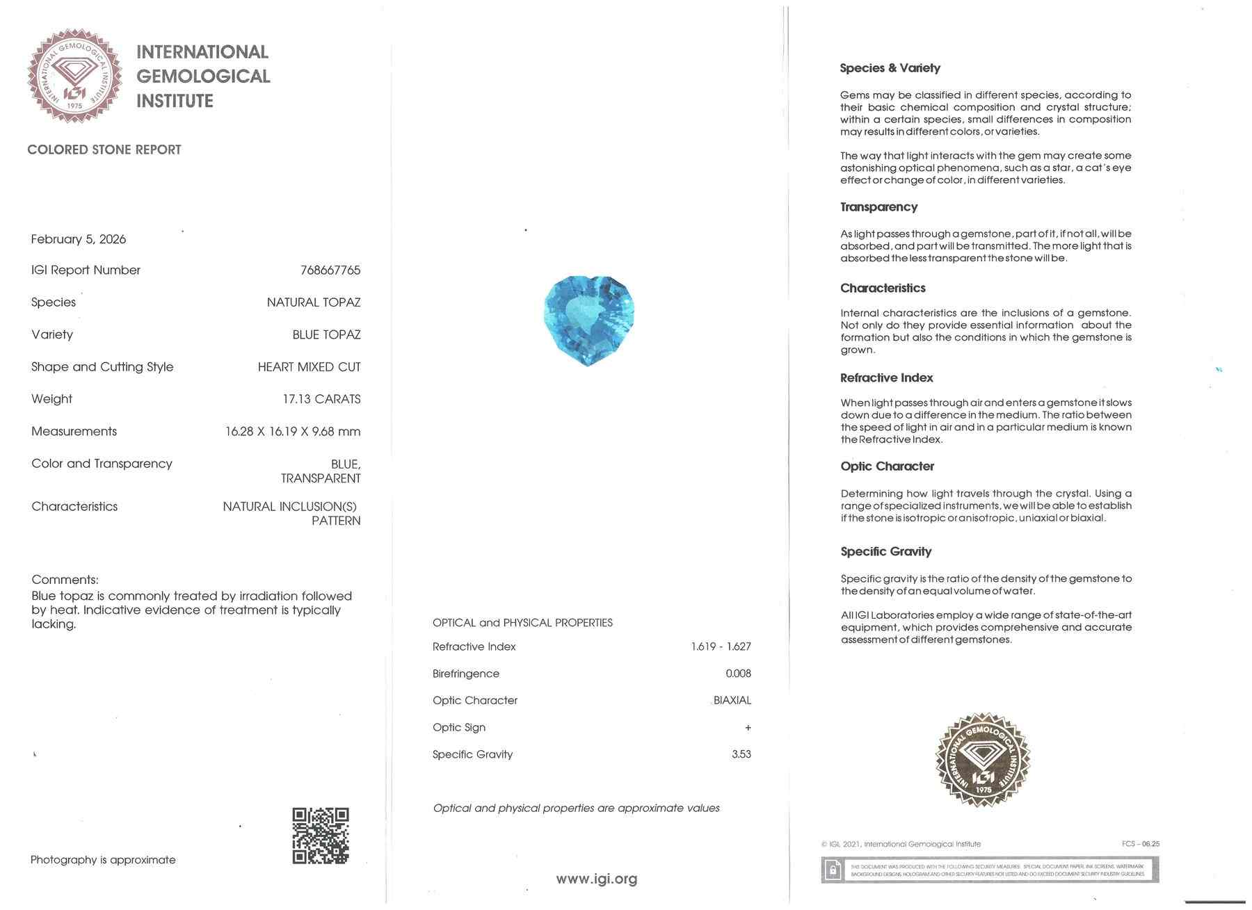 17.13 Ct. Swiss Blue Topaz from Brazil