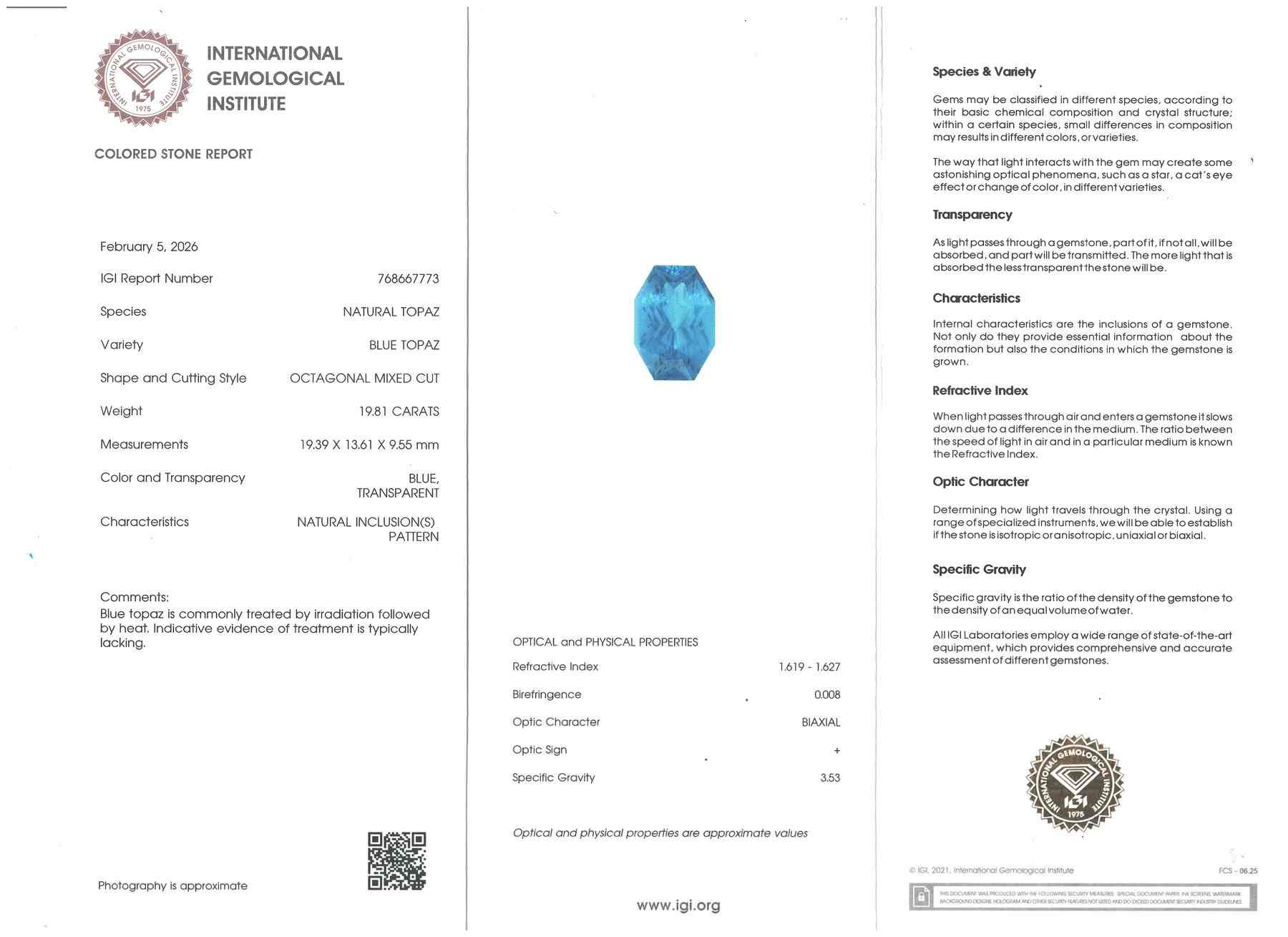 19.81 Ct. Swiss Blue Topaz from Brazil