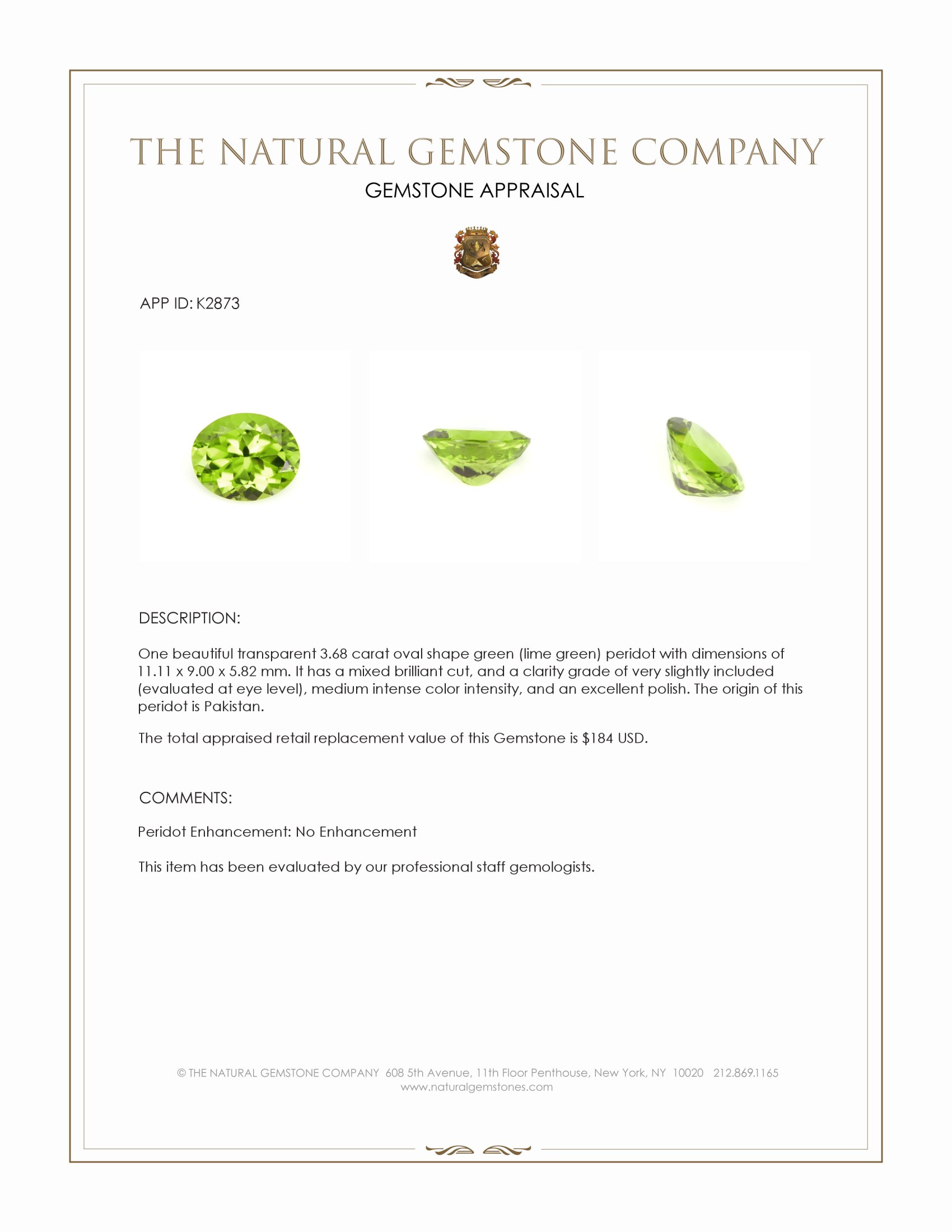 3.68 Ct. Green (Lime Green) Peridot from Pakistan