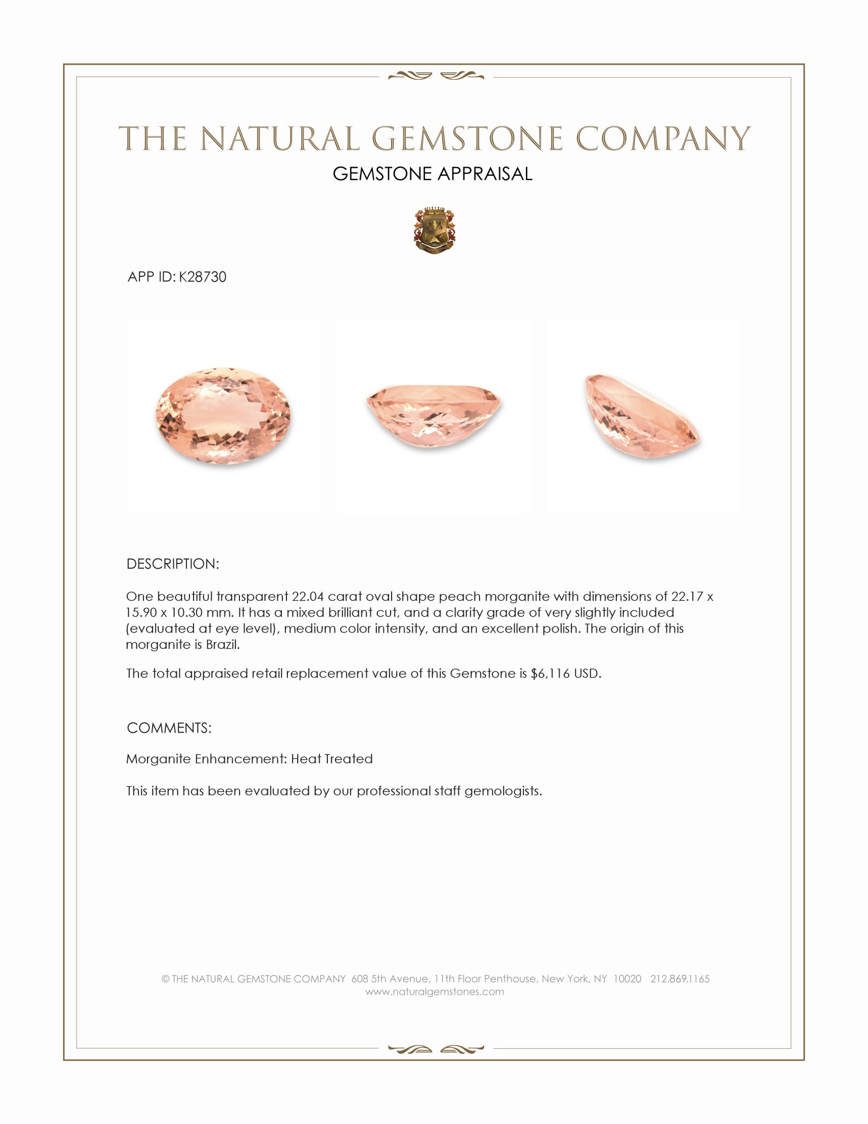 22.04 Ct. Peach Morganite from Brazil