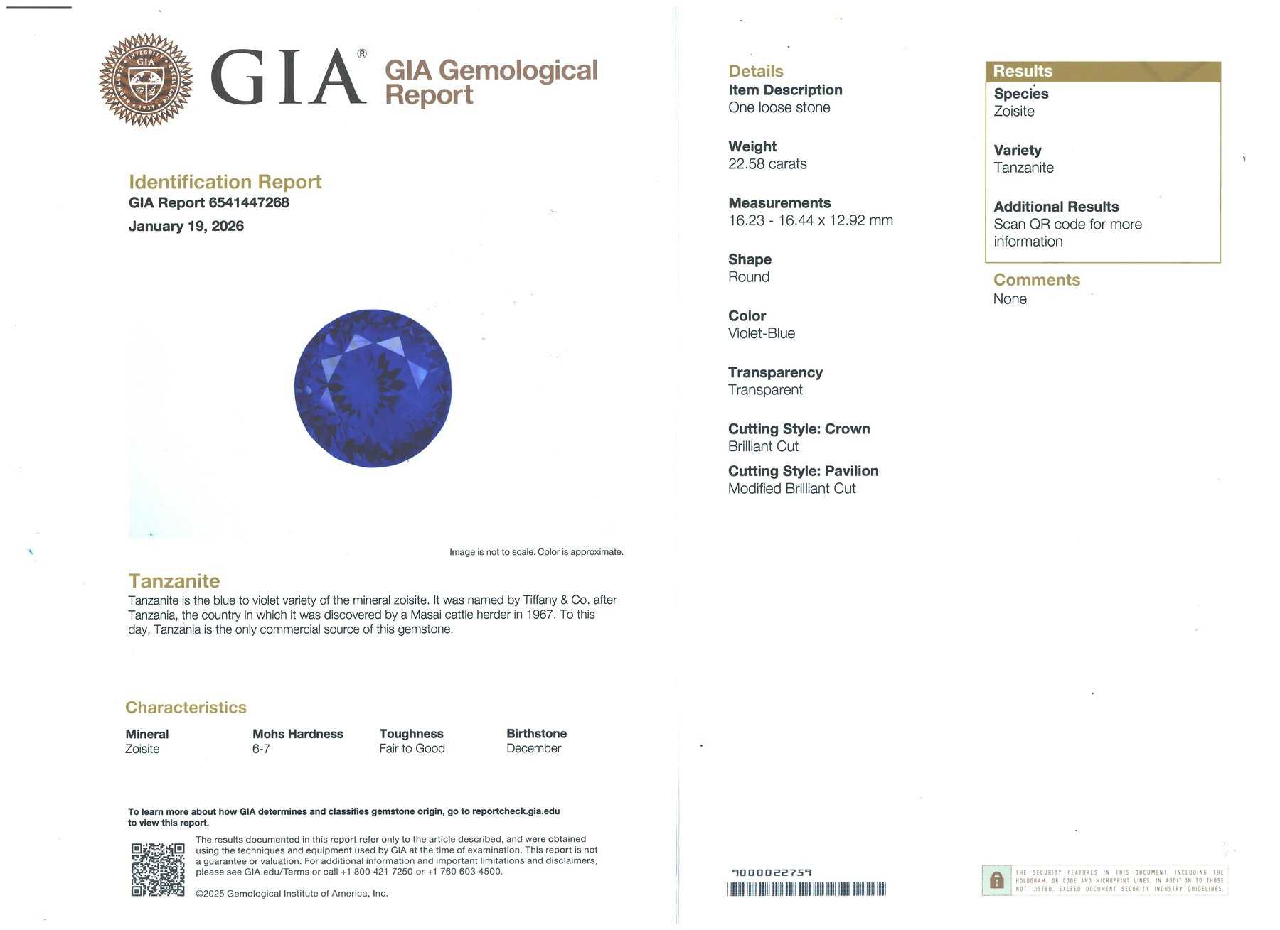 22.58 Ct. Blue Tanzanite from Tanzania