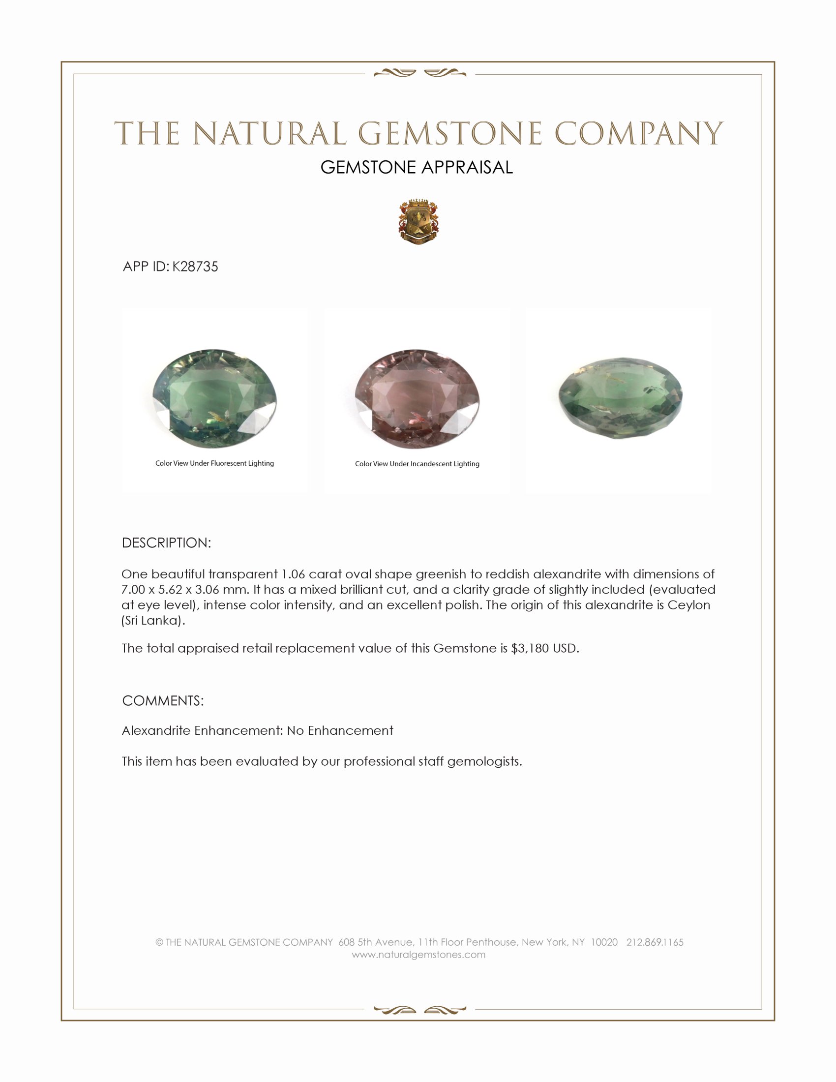 1.06 Ct. Alexandrite from Ceylon (Sri Lanka)