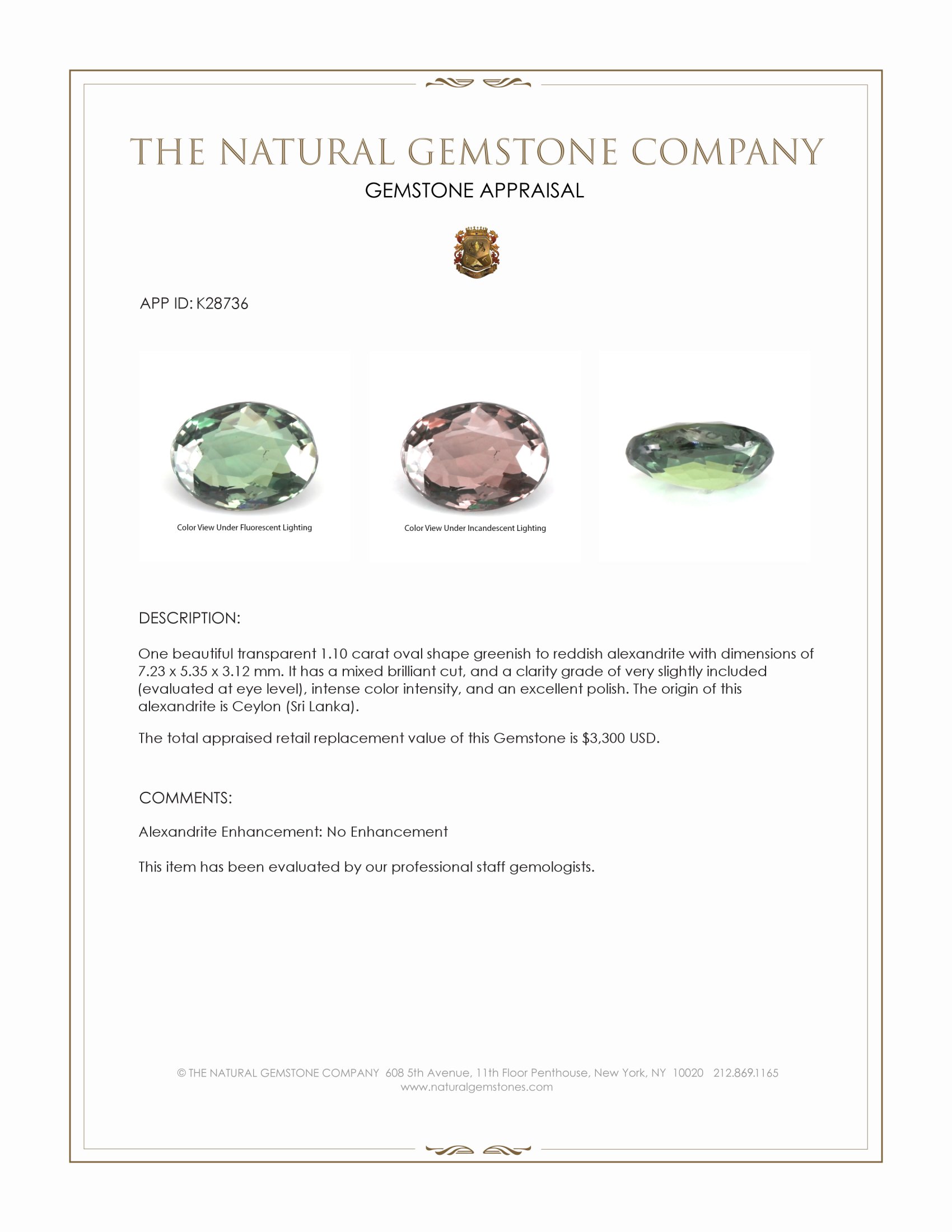 1.10 Ct. Alexandrite from Ceylon (Sri Lanka)