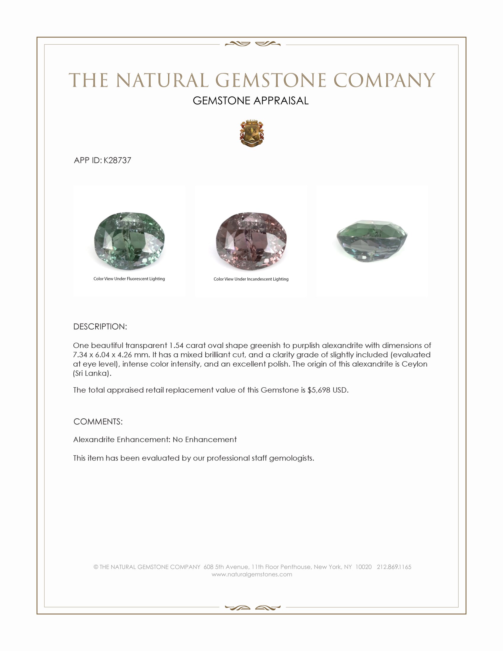 1.54 Ct. Alexandrite from Ceylon (Sri Lanka)