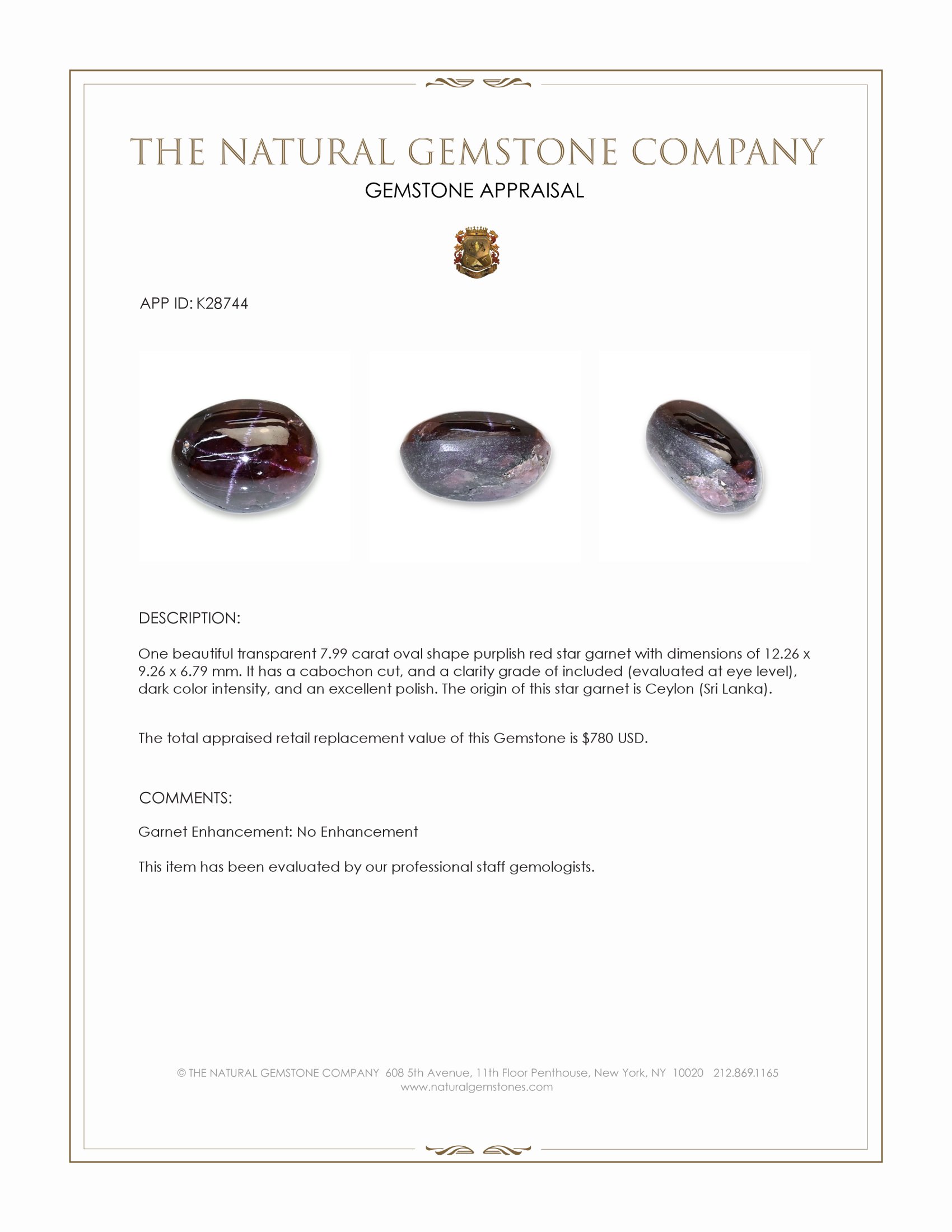 7.99 Ct. Purplish Red Star Garnet from Ceylon (Sri Lanka)