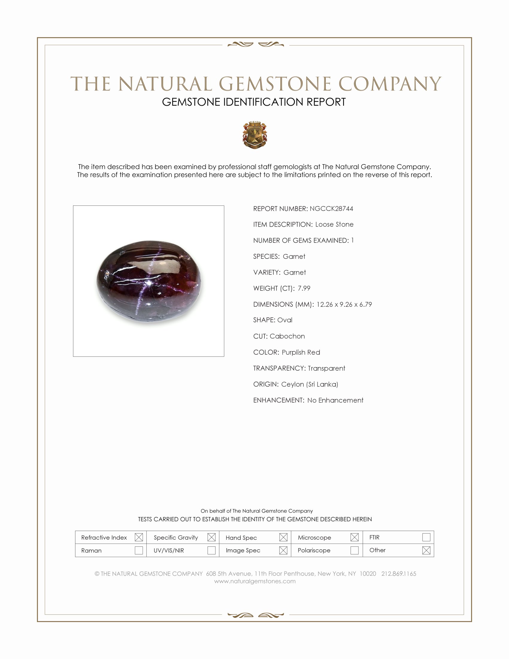 7.99 Ct. Purplish Red Star Garnet from Ceylon (Sri Lanka)