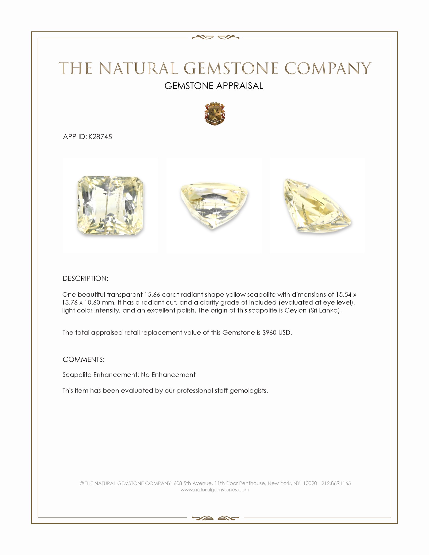 15.66 Ct. Yellow Scapolite from Ceylon (Sri Lanka)