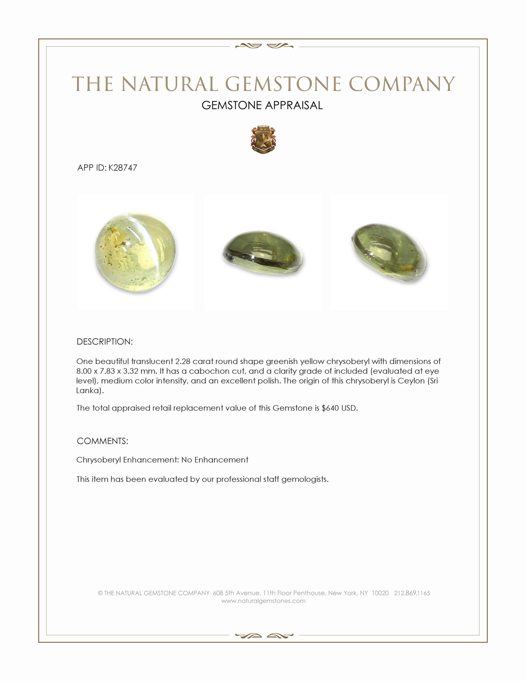 2.28 Ct. Greenish Yellow Cabochon Chrysoberyl from Ceylon (Sri Lanka)