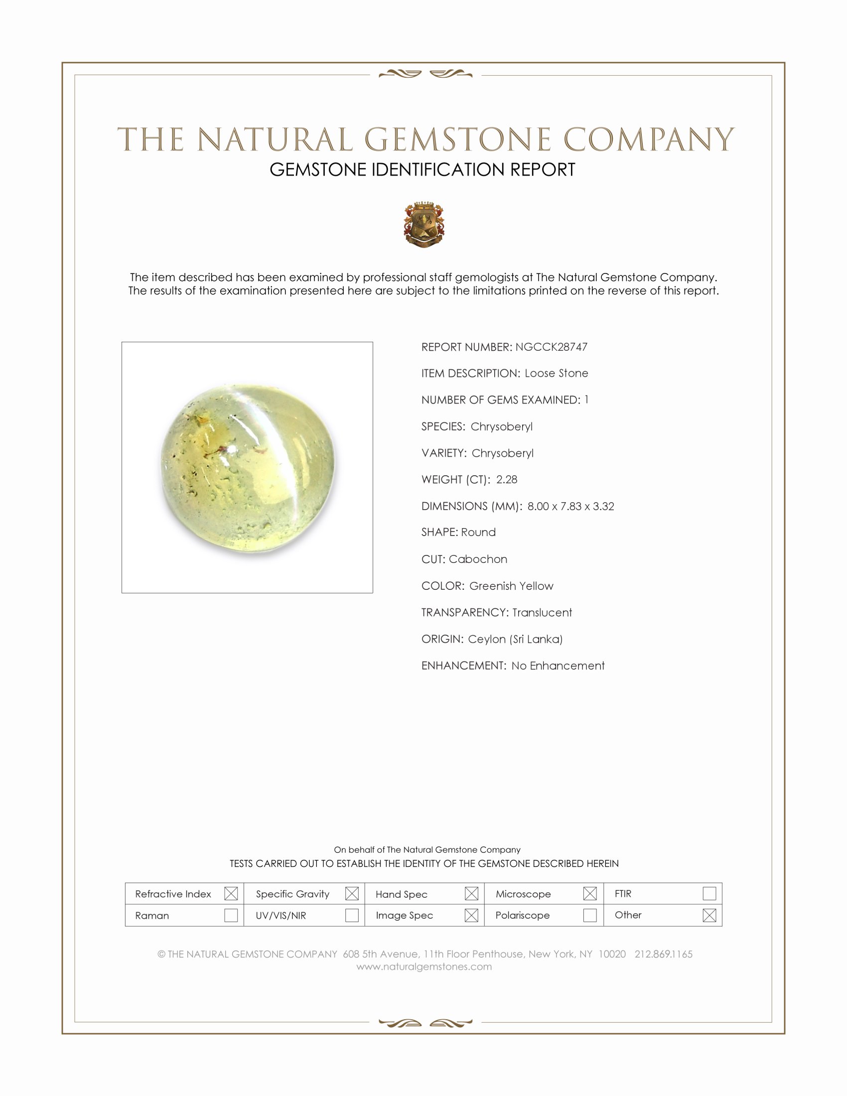2.28 Ct. Greenish Yellow Cabochon Chrysoberyl from Ceylon (Sri Lanka)