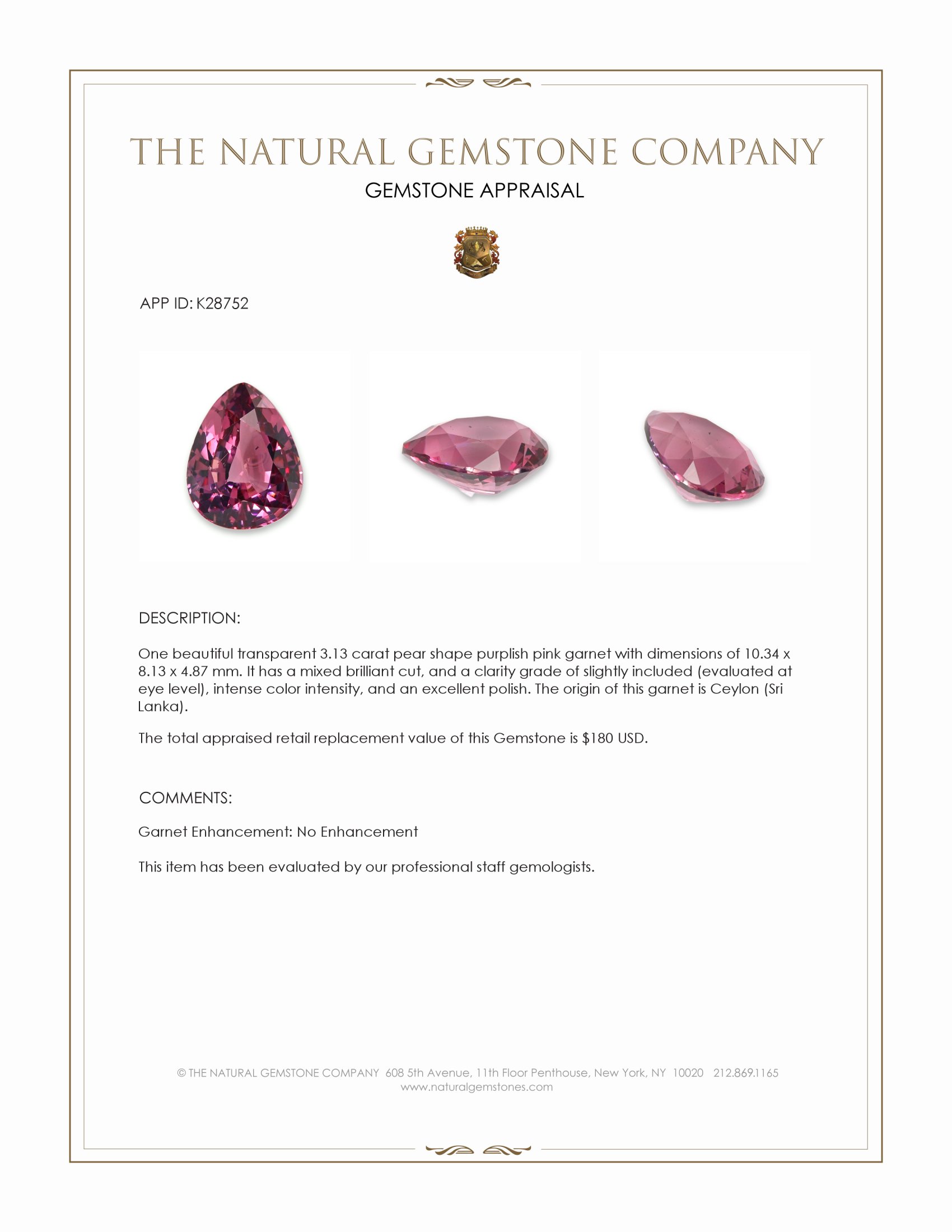 3.13 Ct. Purplish Pink Garnet from Ceylon (Sri Lanka)
