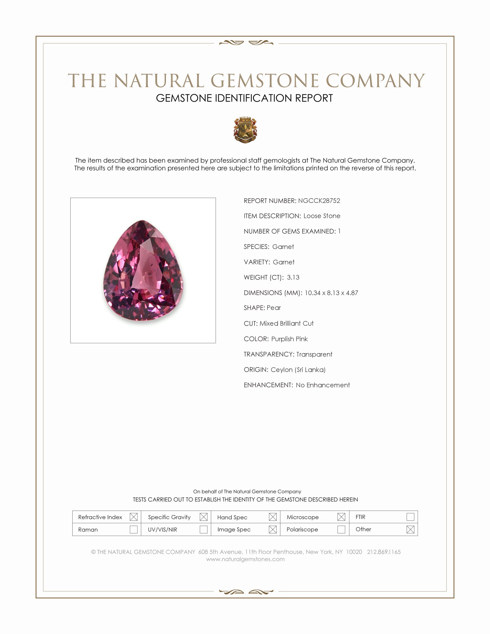 3.13 Ct. Purplish Pink Garnet from Ceylon (Sri Lanka)