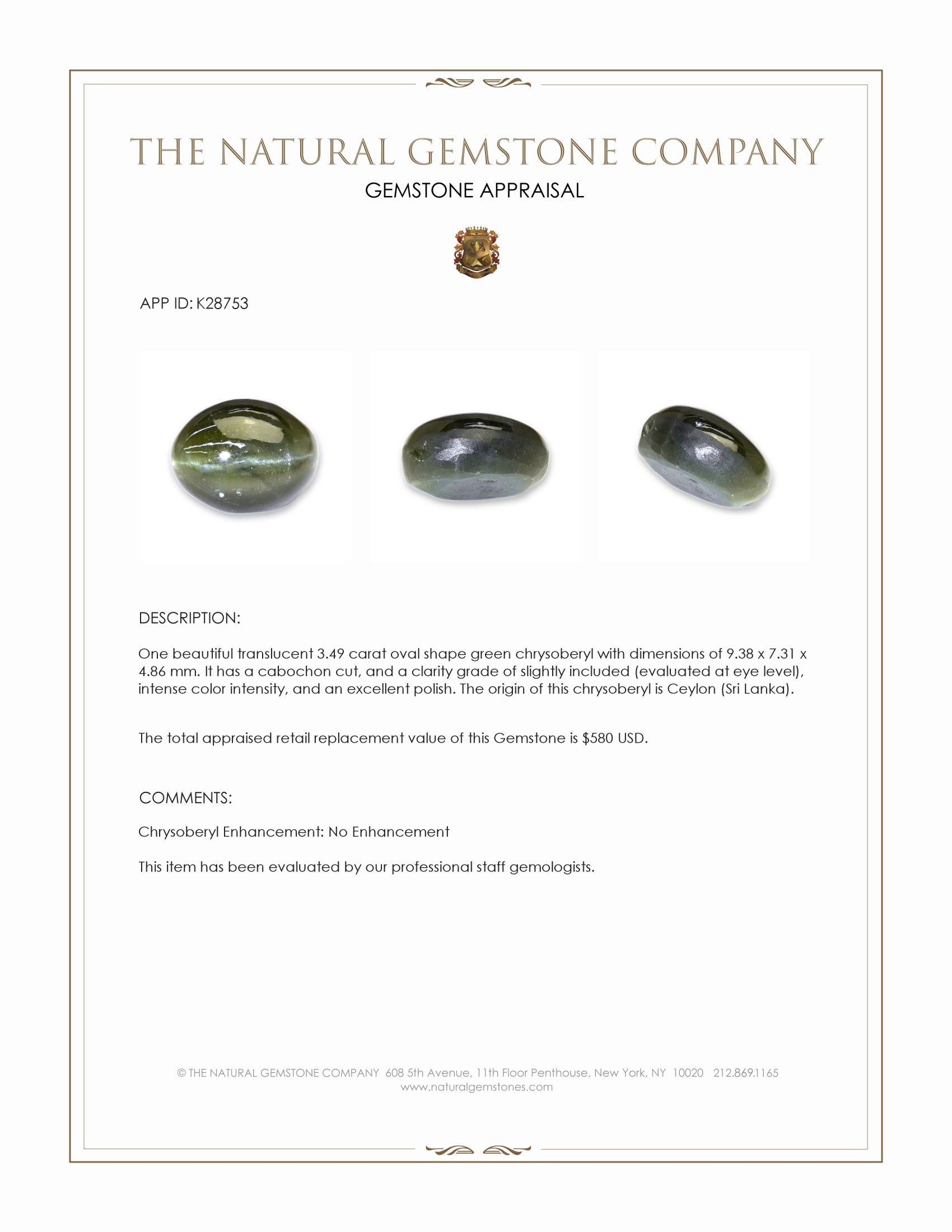 3.49 Ct. Green Cabochon Chrysoberyl from Ceylon (Sri Lanka)