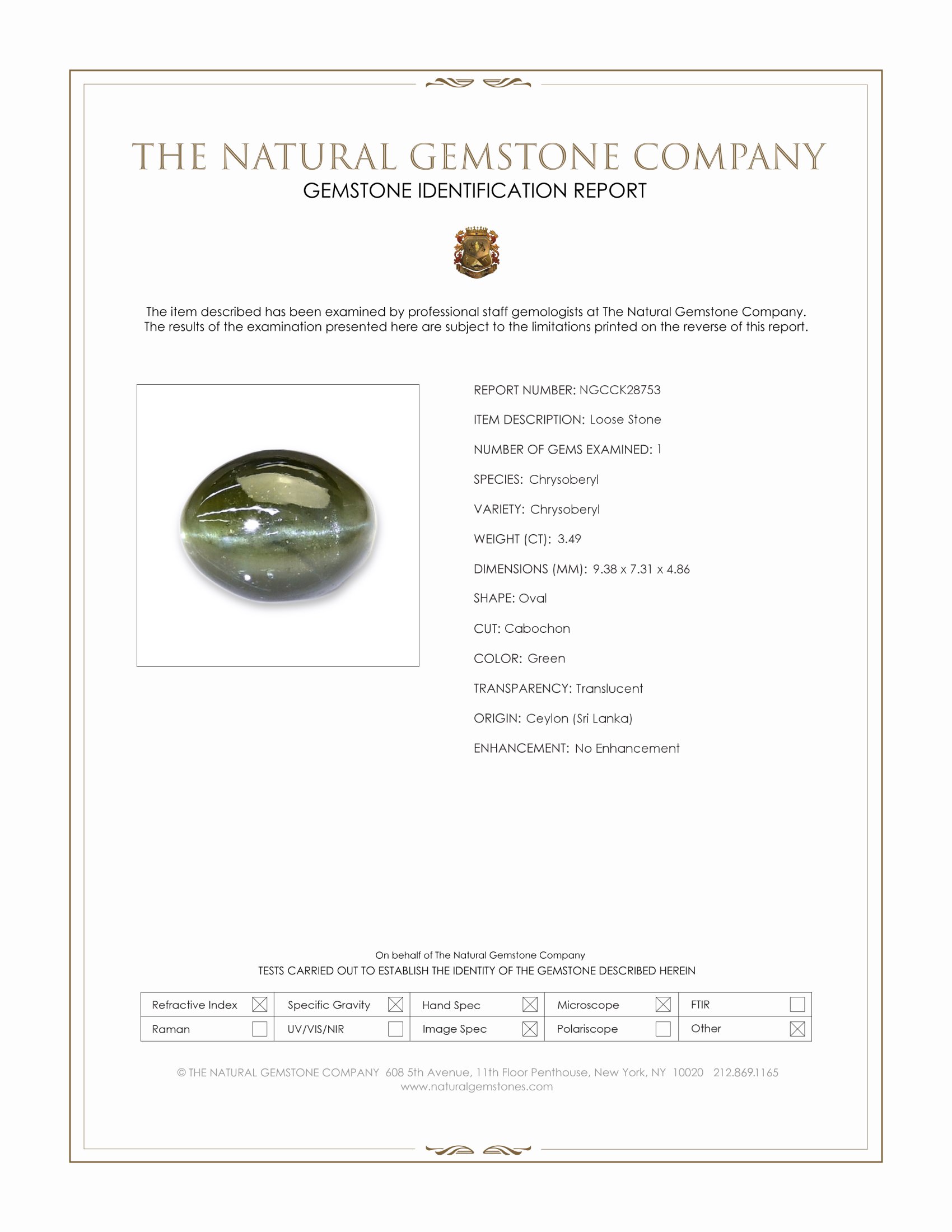 3.49 Ct. Green Cabochon Chrysoberyl from Ceylon (Sri Lanka)