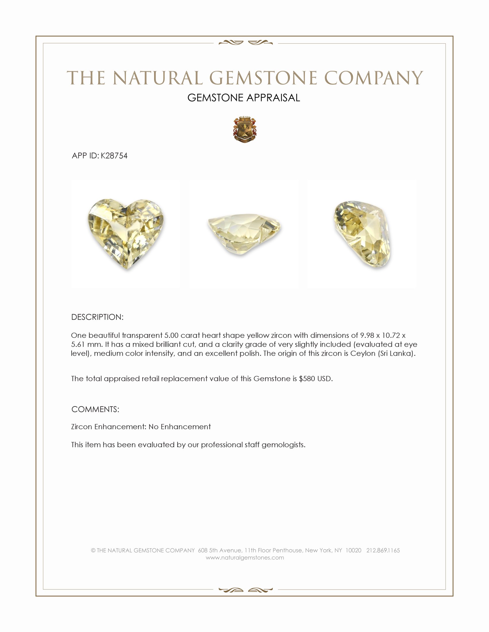 5.00 Ct. Yellow Zircon from Ceylon (Sri Lanka)