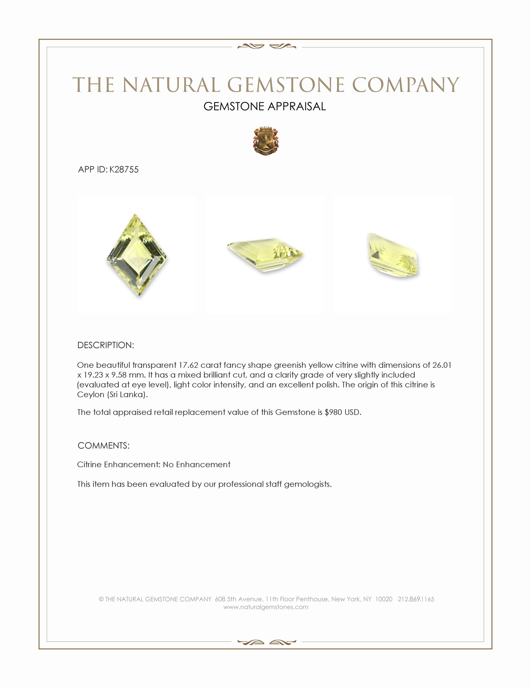 17.62 Ct. Greenish Yellow Citrine from Ceylon (Sri Lanka)