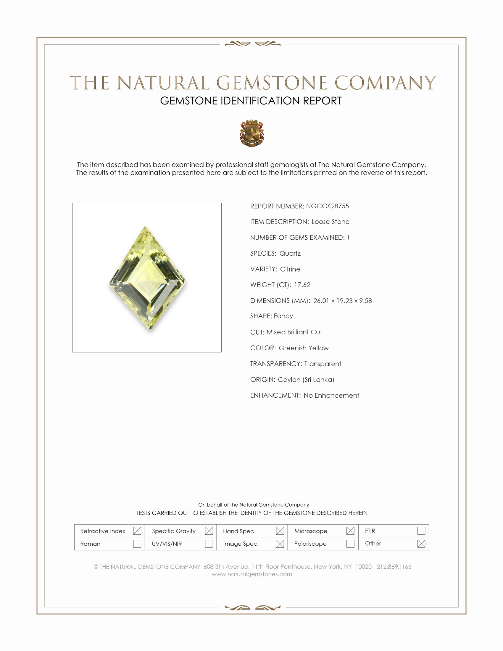 17.62 Ct. Greenish Yellow Citrine from Ceylon (Sri Lanka)