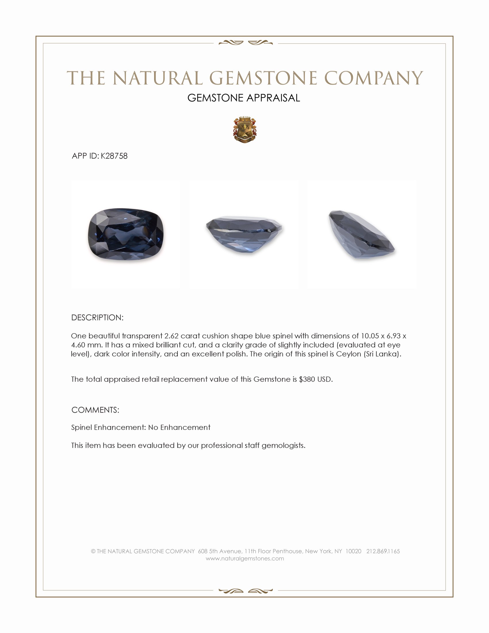 2.62 Ct. Blue Spinel from Ceylon (Sri Lanka)
