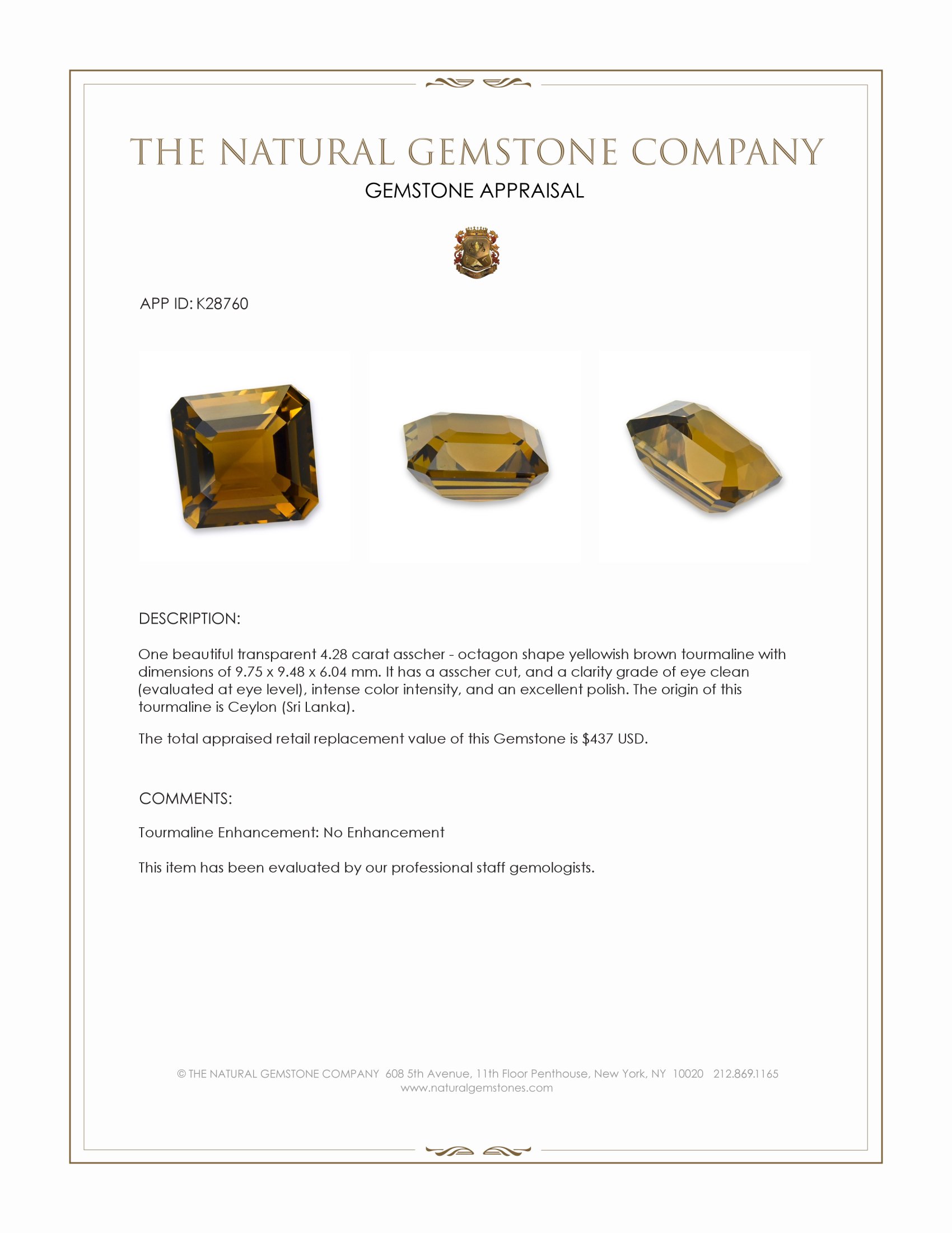 4.28 Ct. Yellowish Brown Tourmaline from Ceylon (Sri Lanka)