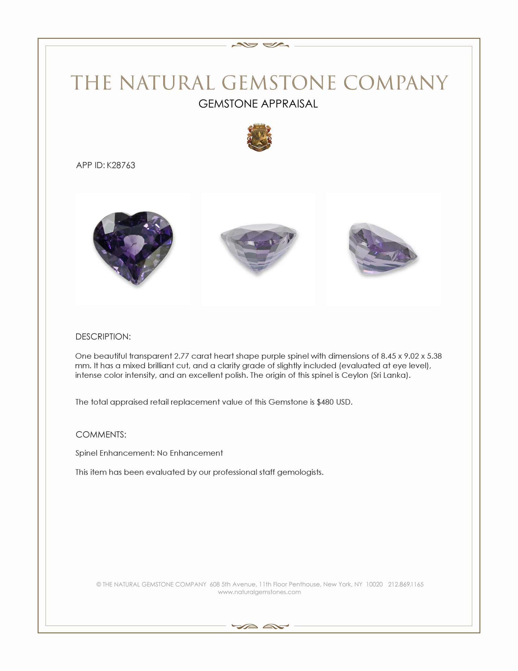 2.77 Ct. Purple Spinel from Ceylon (Sri Lanka)