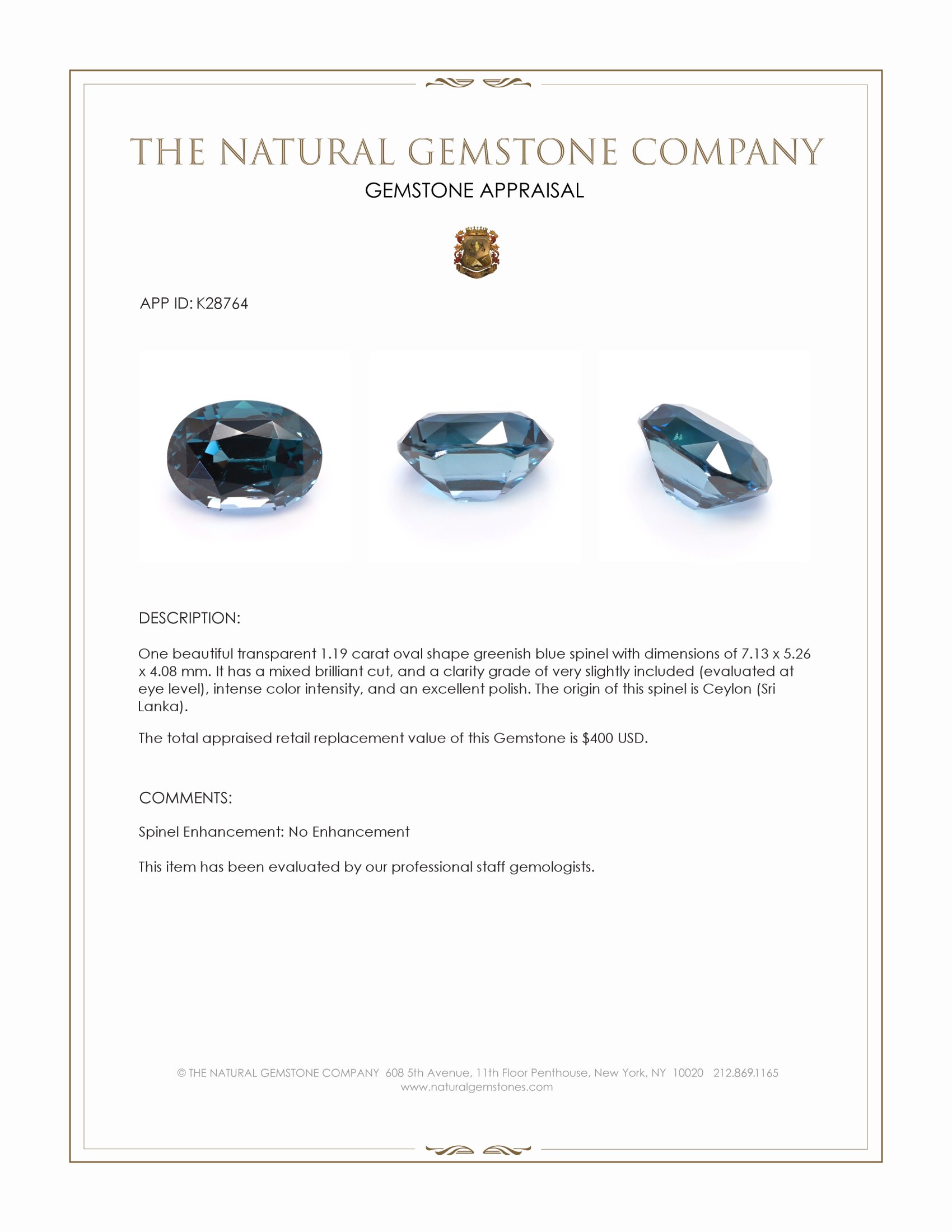 1.19 Ct. Greenish Blue Spinel from Ceylon (Sri Lanka)