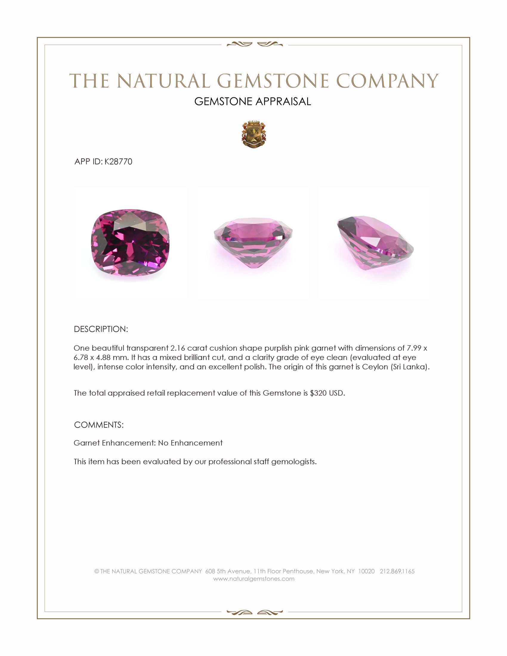 2.16 Ct. Purplish Pink Garnet from Ceylon (Sri Lanka)