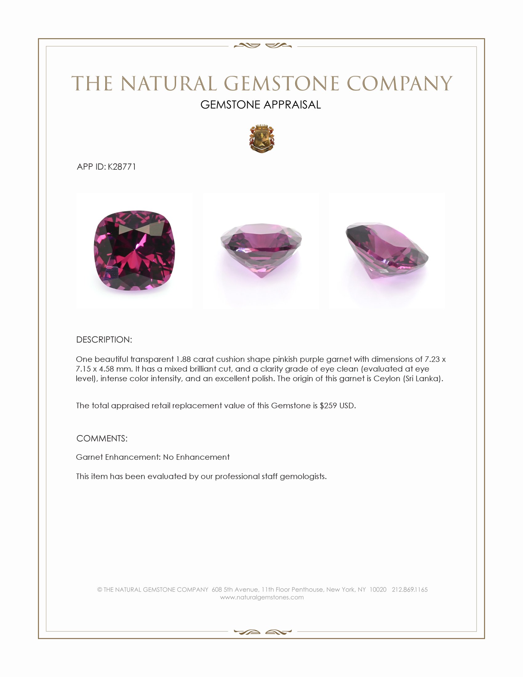 1.88 Ct. Pinkish Purple Garnet from Ceylon (Sri Lanka)