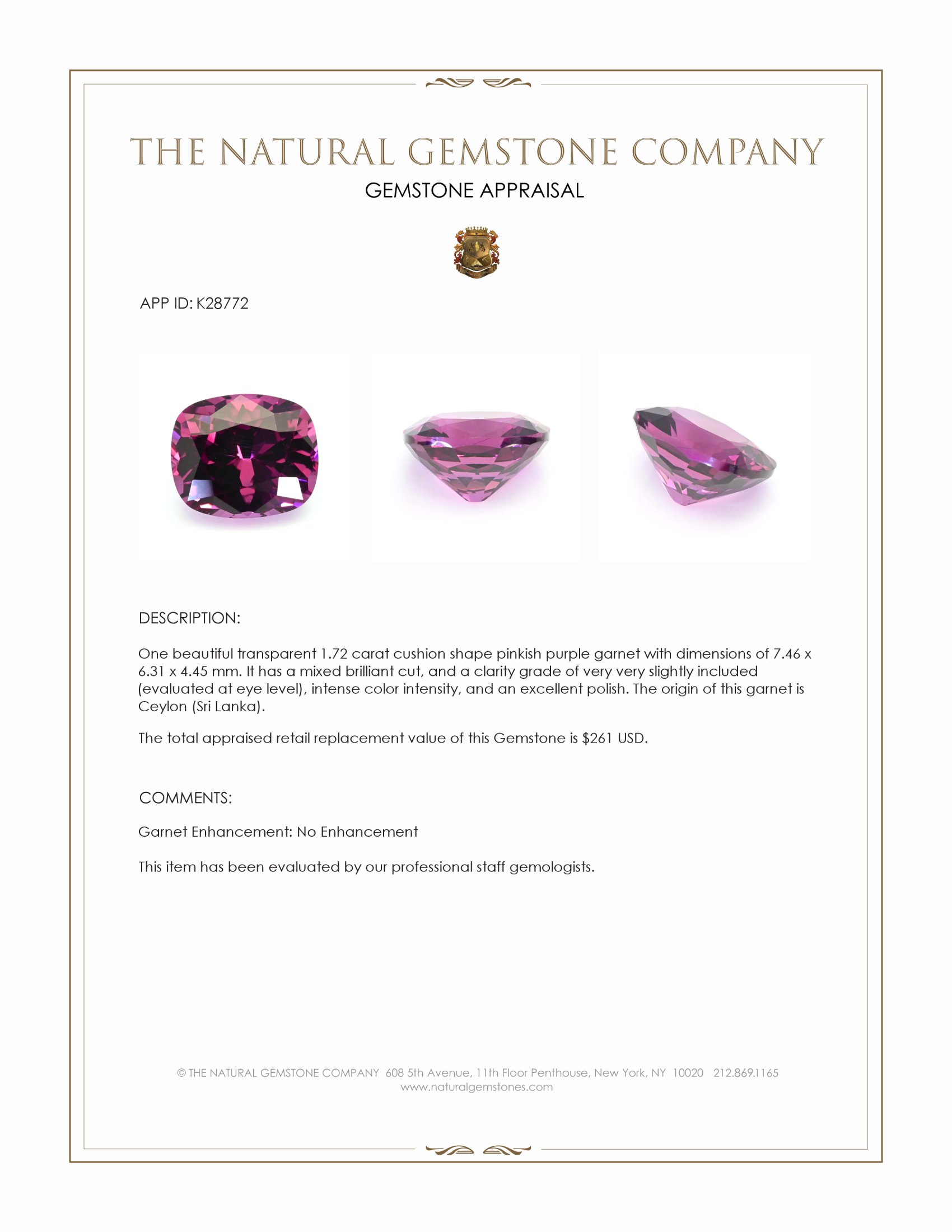 1.72 Ct. Pinkish Purple Garnet from Ceylon (Sri Lanka)