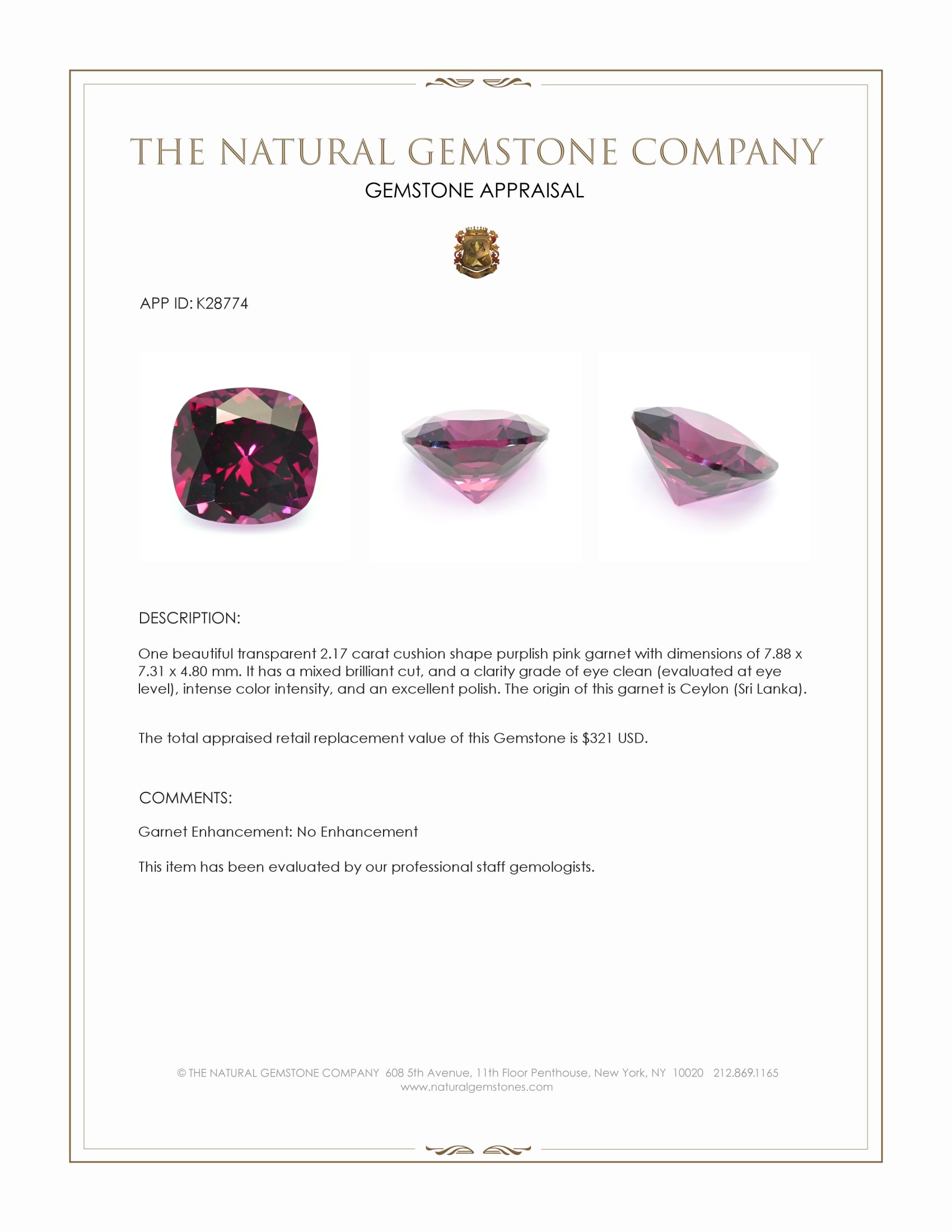 2.17 Ct. Purplish Pink Garnet from Ceylon (Sri Lanka)
