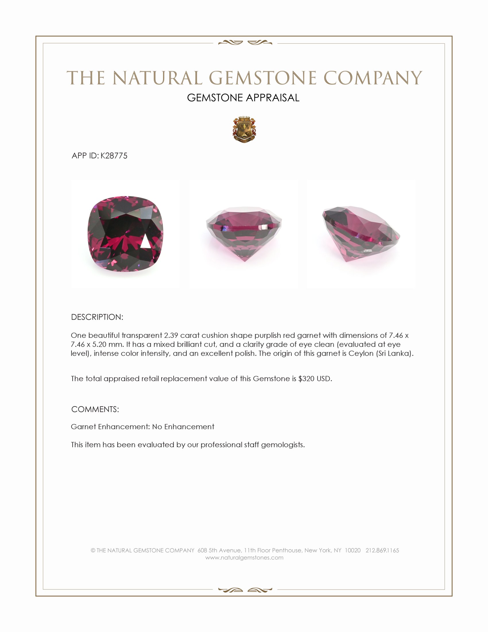 2.39 Ct. Purplish Red Garnet from Ceylon (Sri Lanka)
