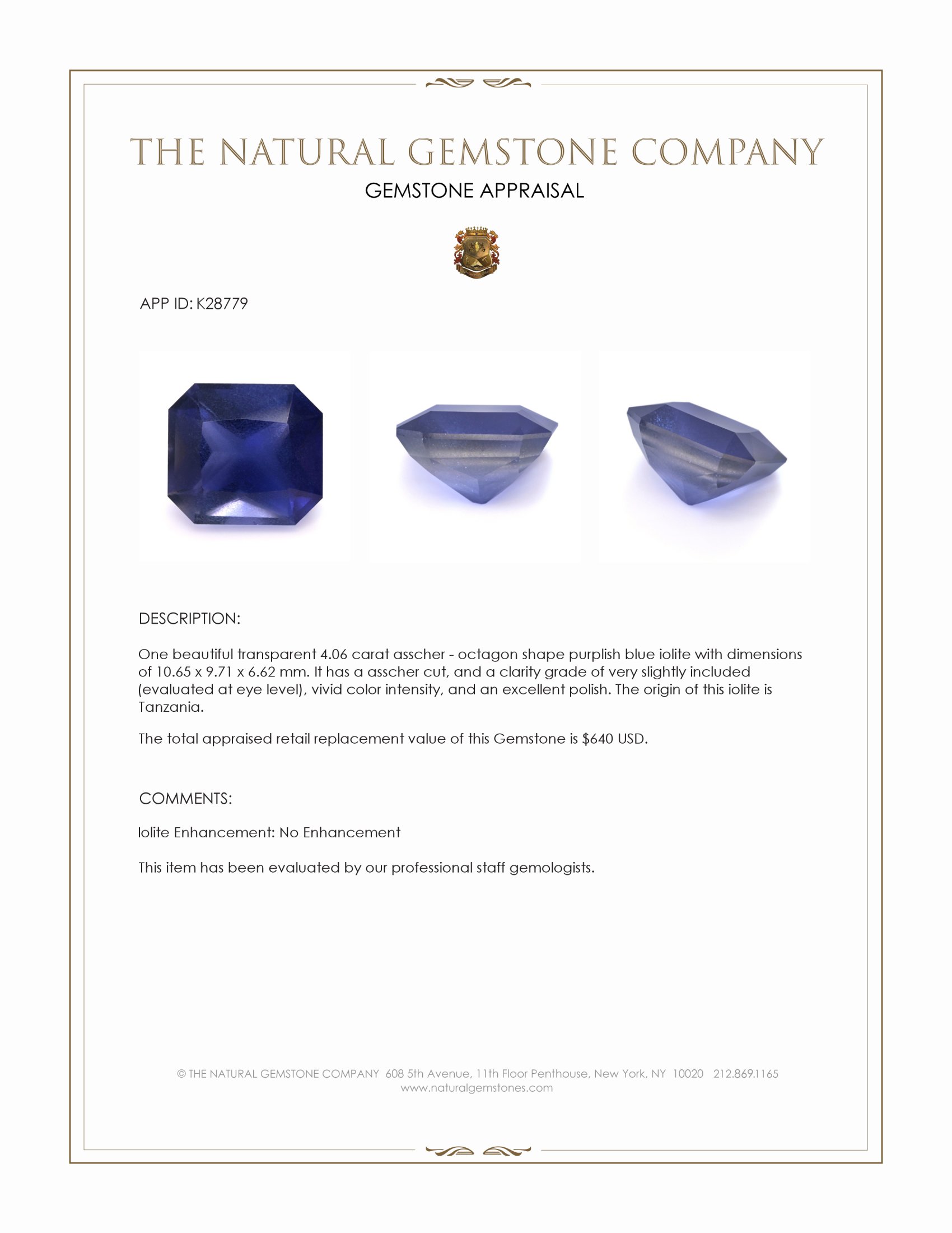 4.06 Ct. Purplish Blue Iolite from Tanzania