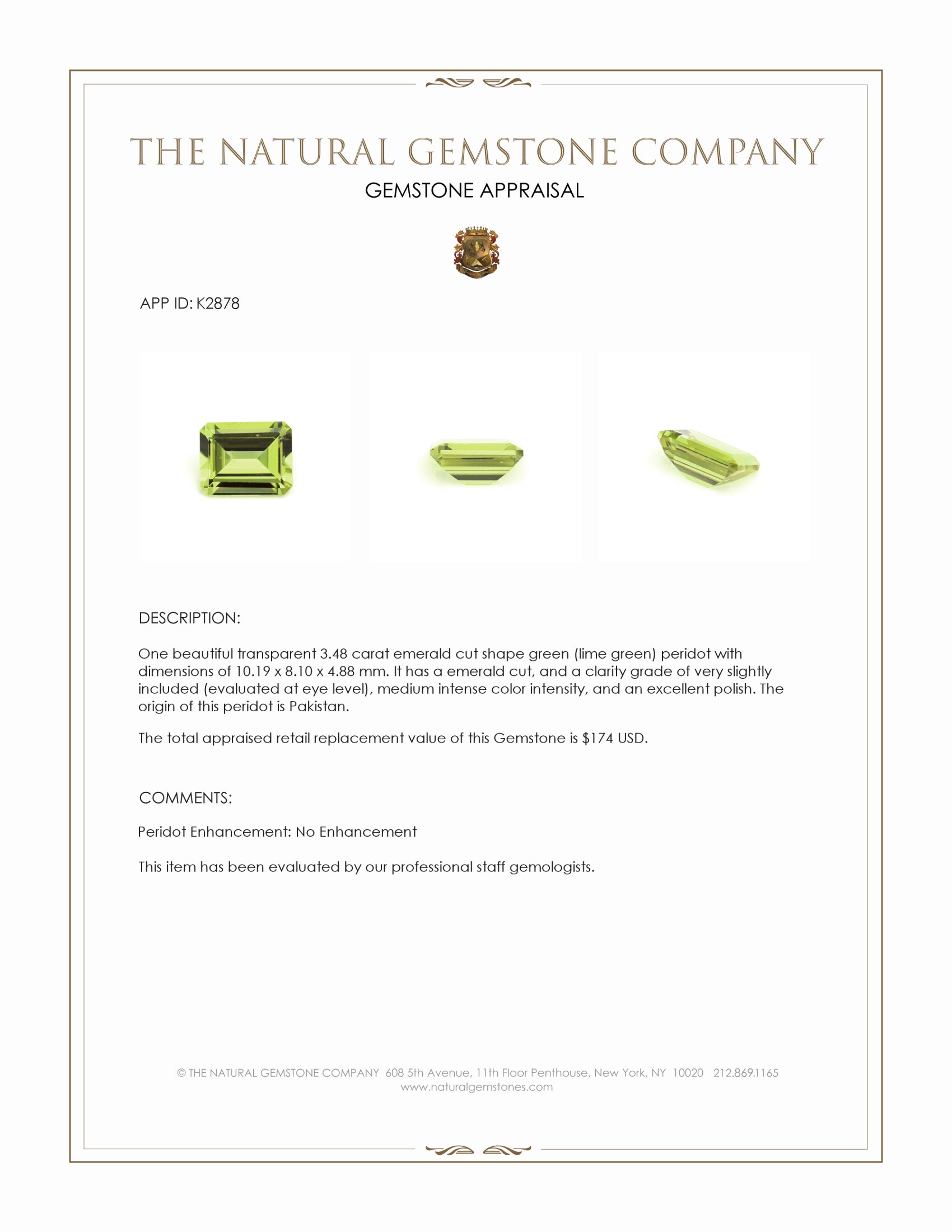 3.48 Ct. Green (Lime Green) Peridot from Pakistan