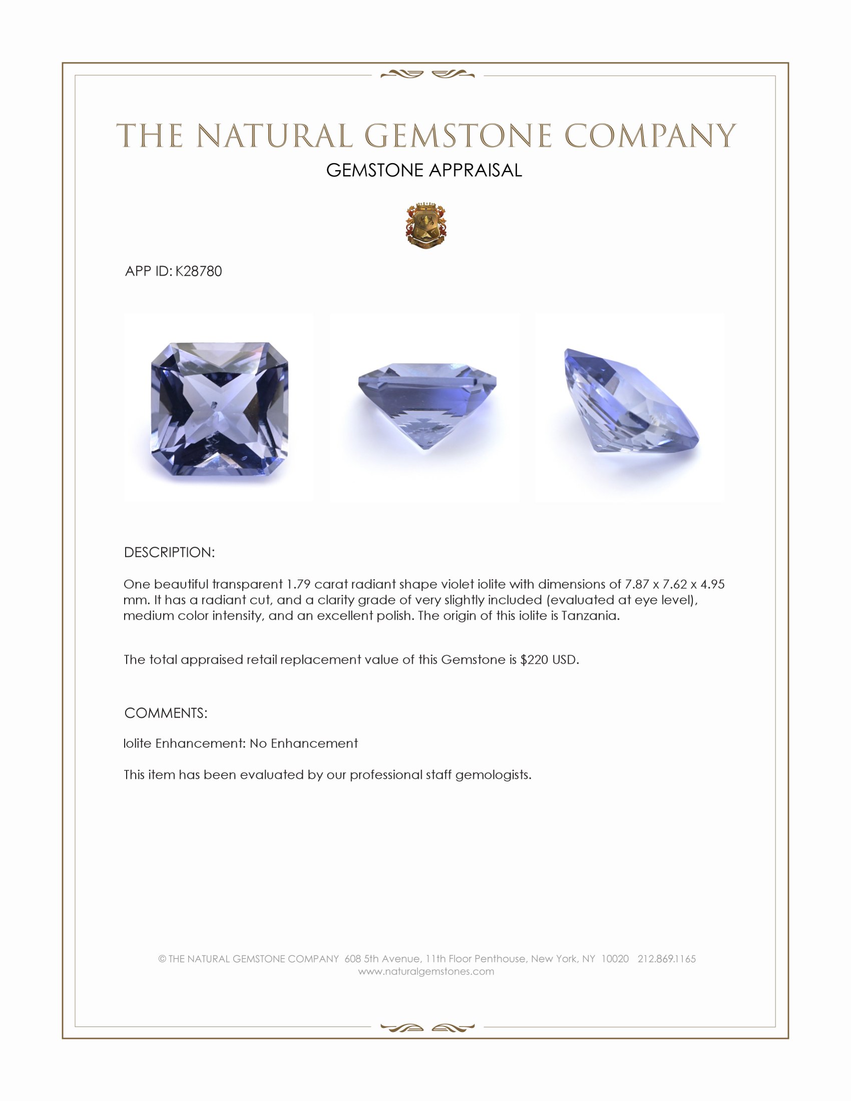 1.79 Ct. Violet Iolite from Tanzania