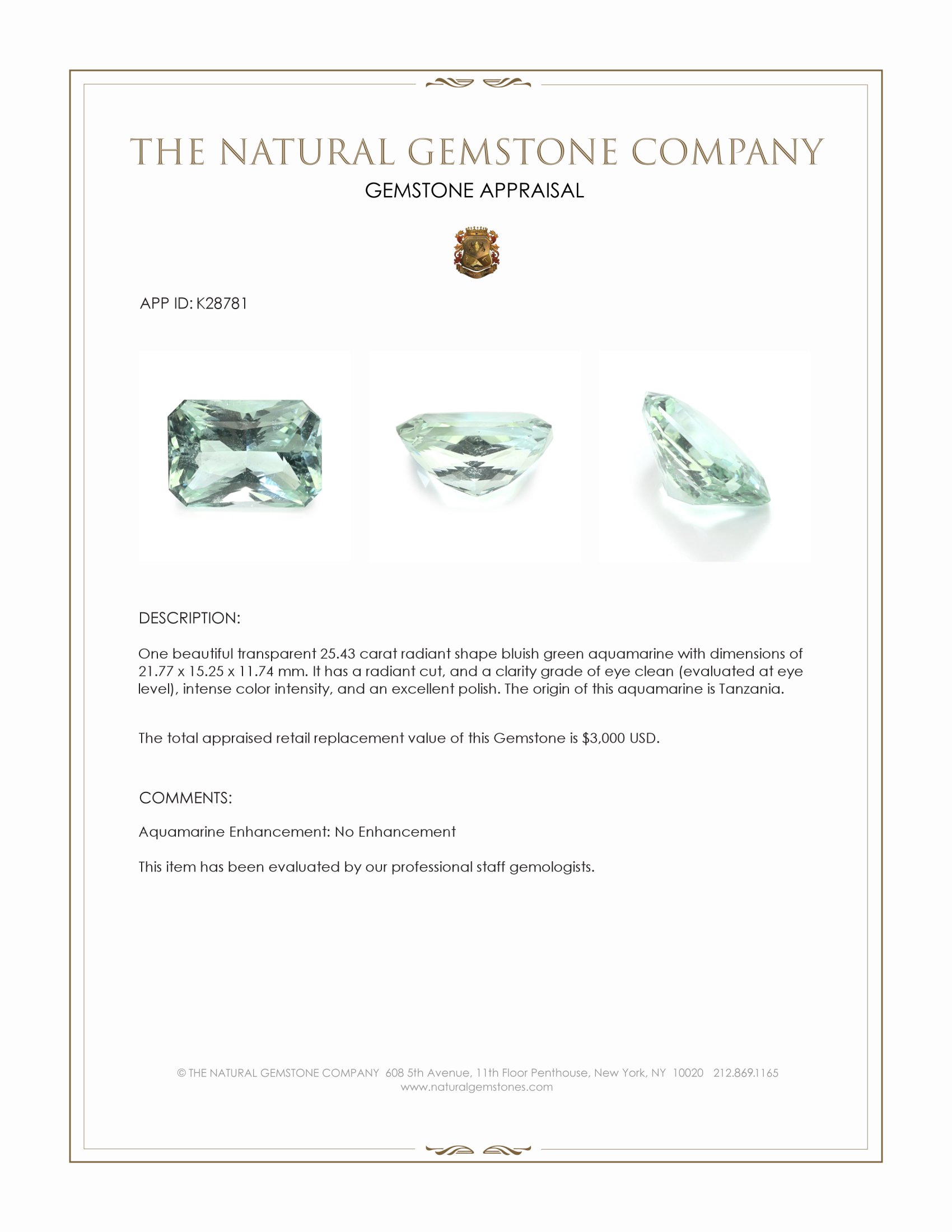 25.43 Ct. Bluish Green Aquamarine from Tanzania