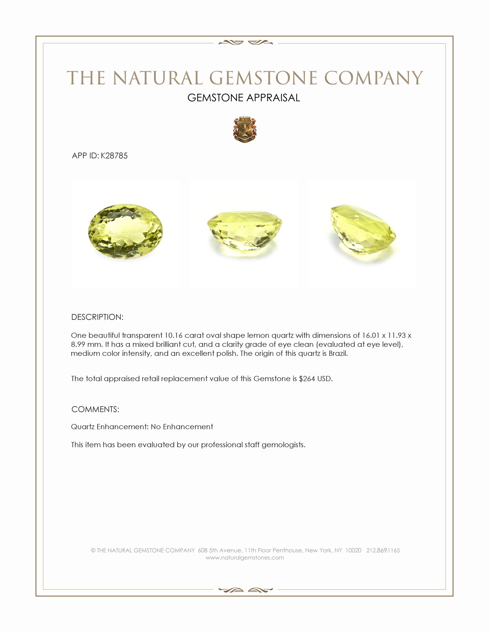 10.16 Ct. Lemon Quartz from Brazil