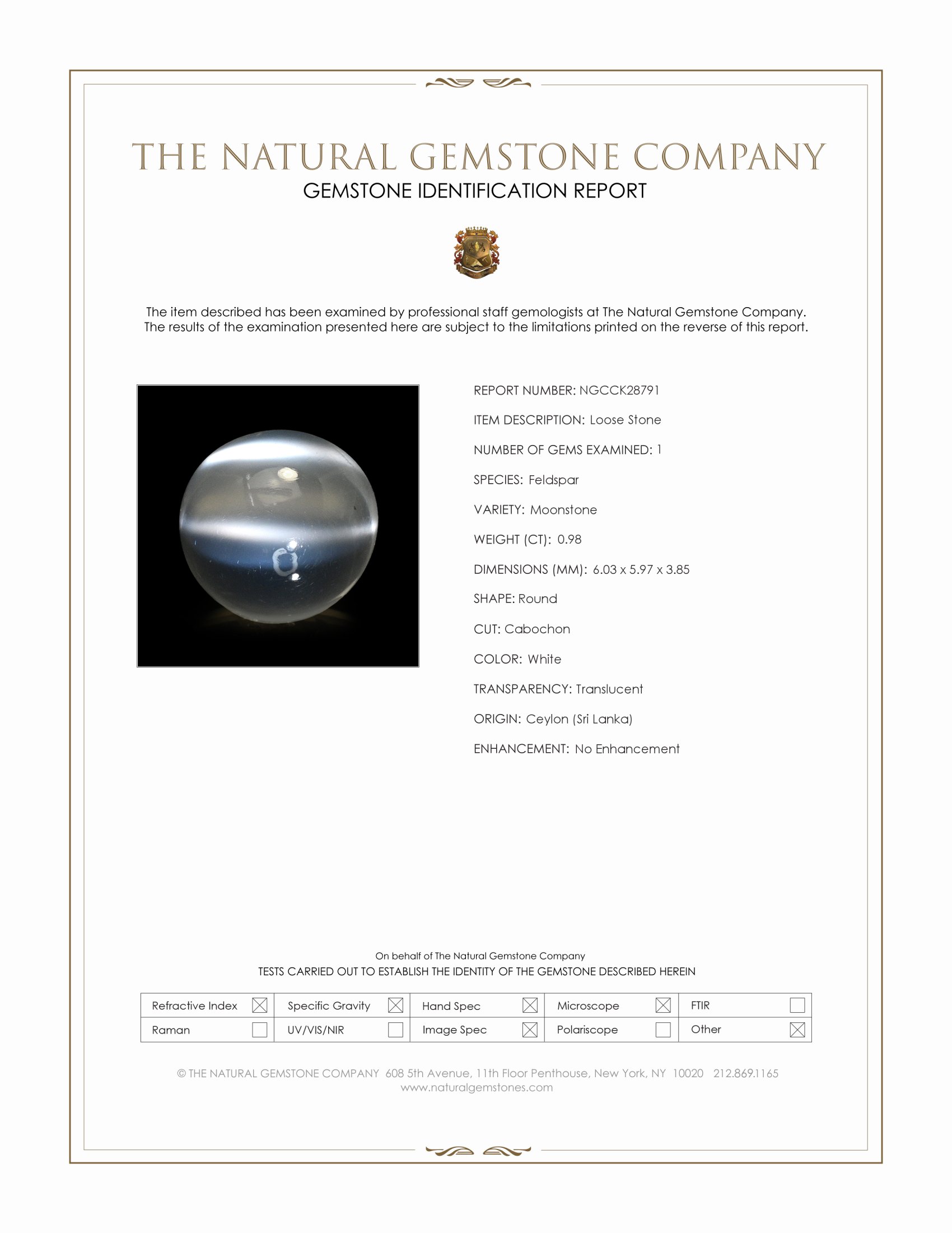 0.98 Ct. White Cabochon Moonstone from Ceylon (Sri Lanka)