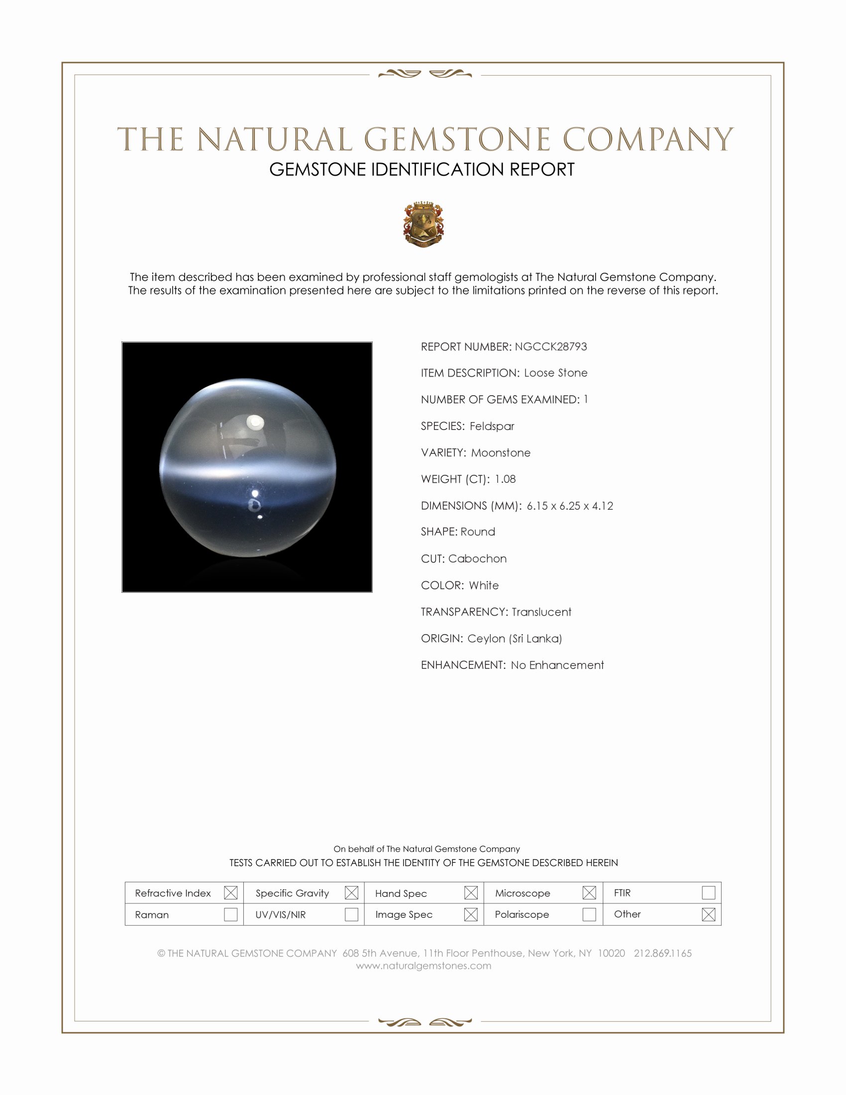 1.08 Ct. White Cabochon Moonstone from Ceylon (Sri Lanka)