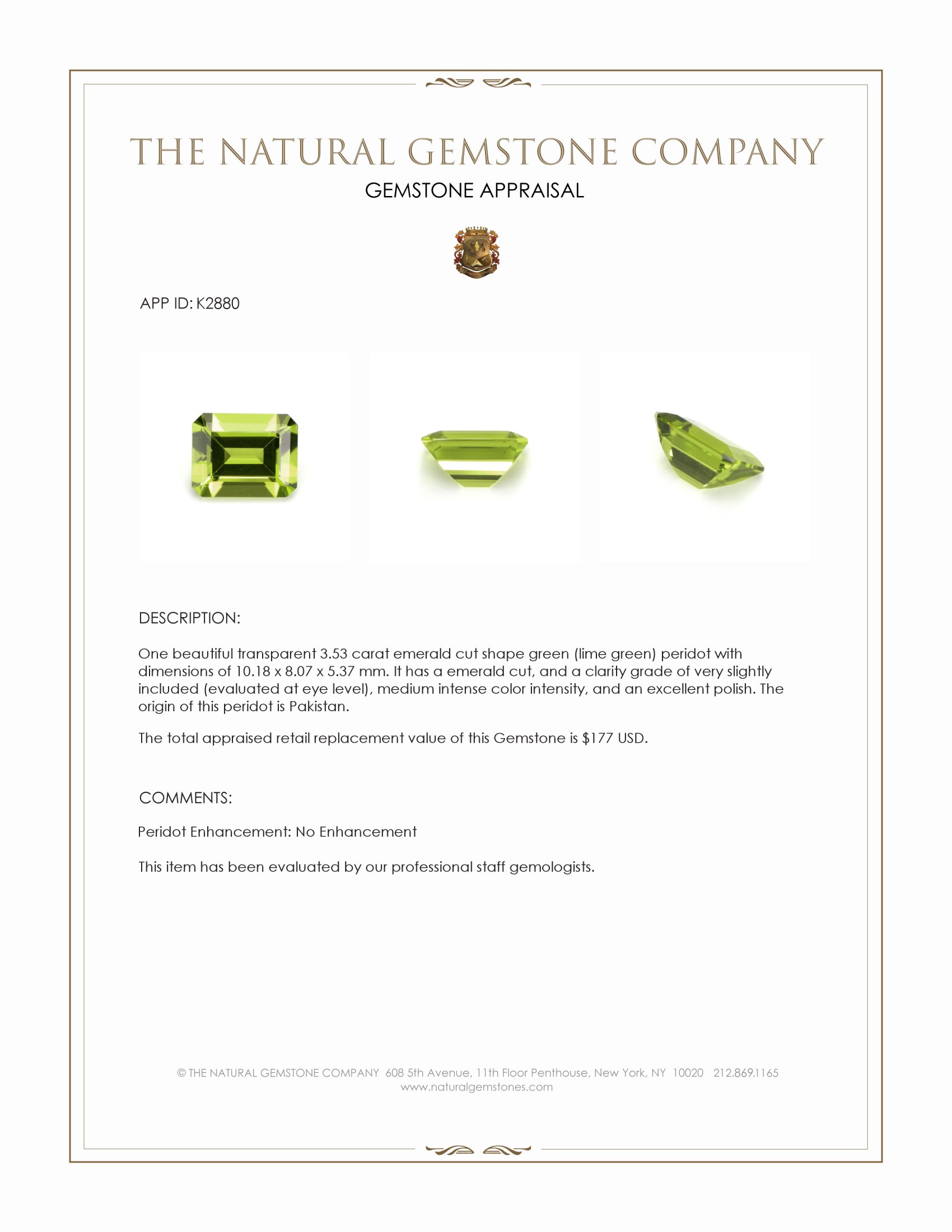 3.53 Ct. Green (Lime Green) Peridot from Pakistan