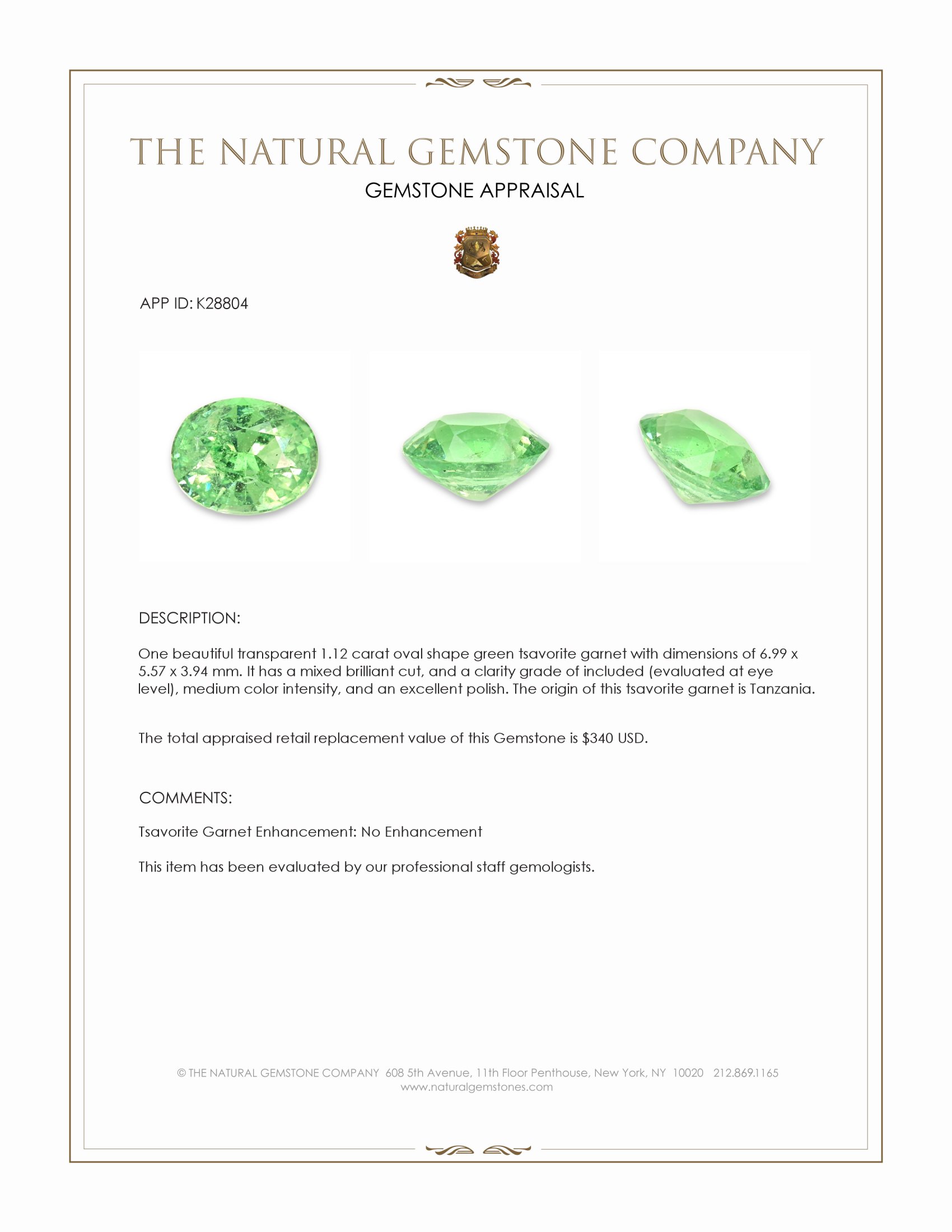 1.12 Ct. Tsavorite Garnet from Tanzania