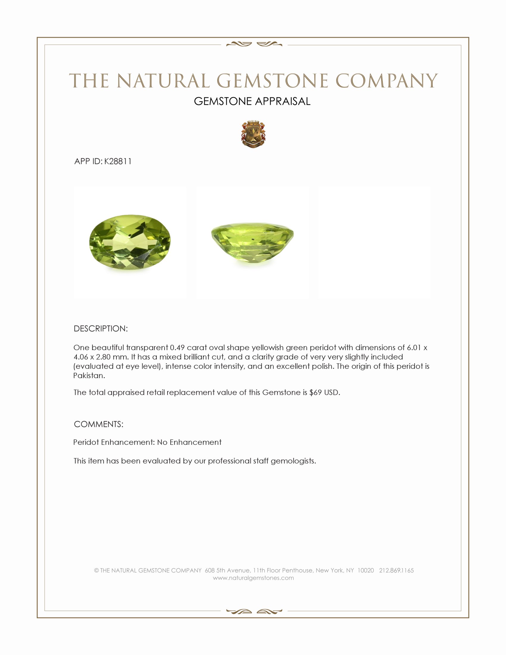0.49 Ct. Yellowish Green Peridot from Pakistan
