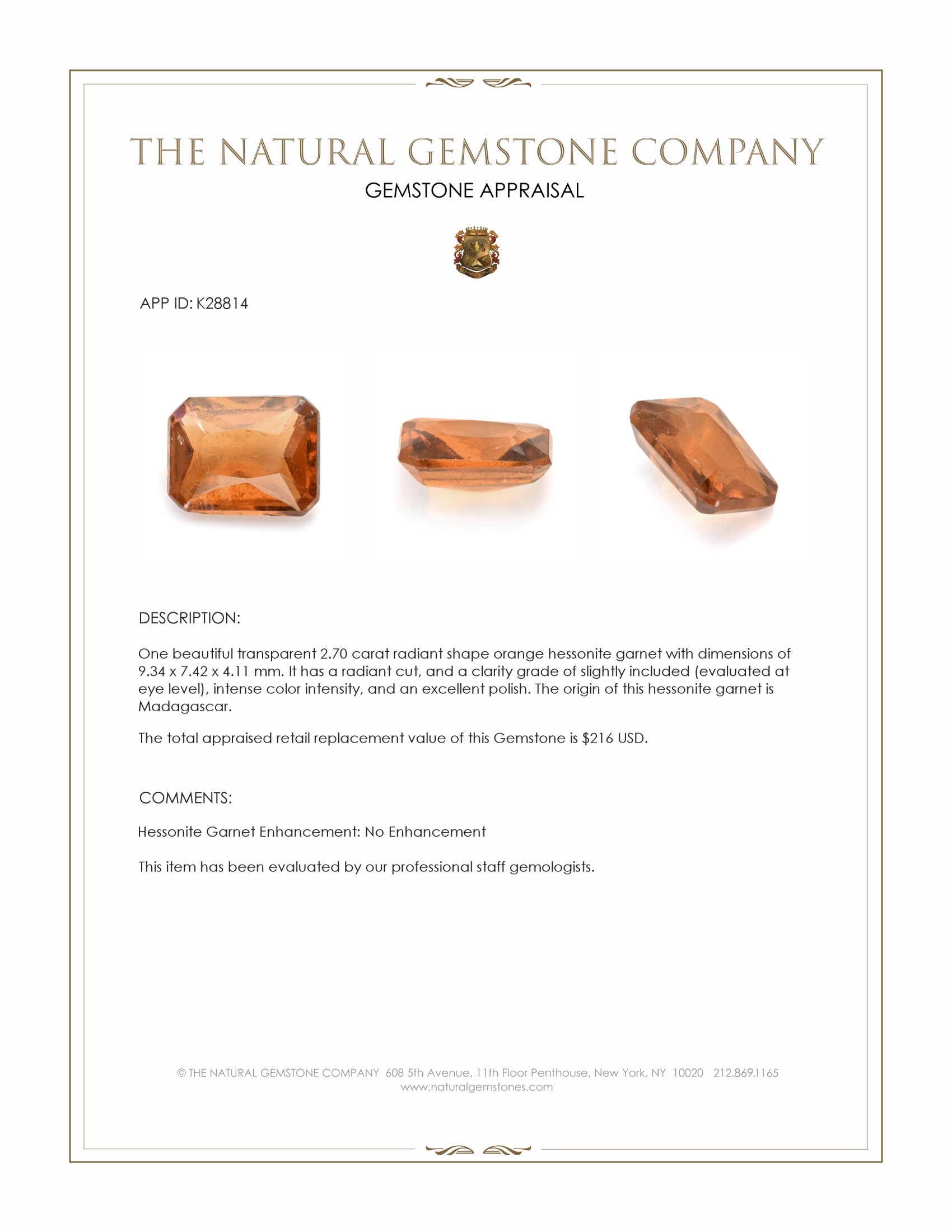 2.70 Ct. Orange Hessonite Garnet from Madagascar