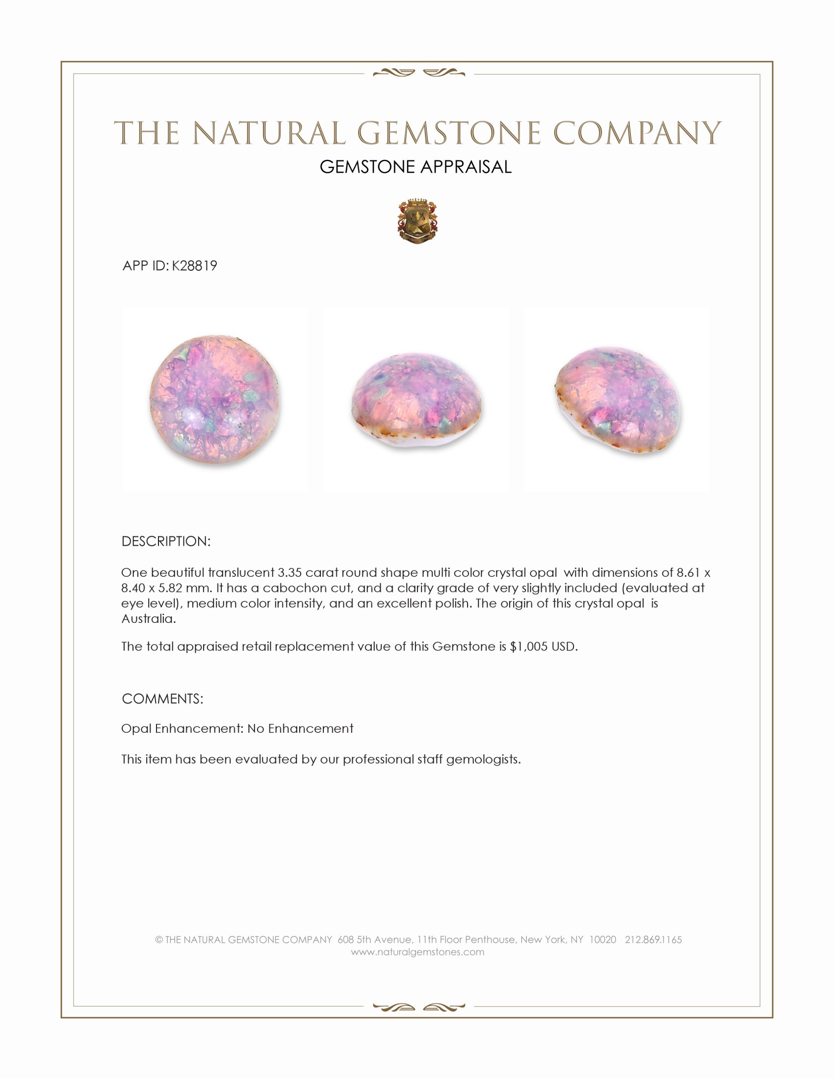 3.35 Ct. Multi Color Cabochon Crystal Opal (Jelly Opal) from Australia