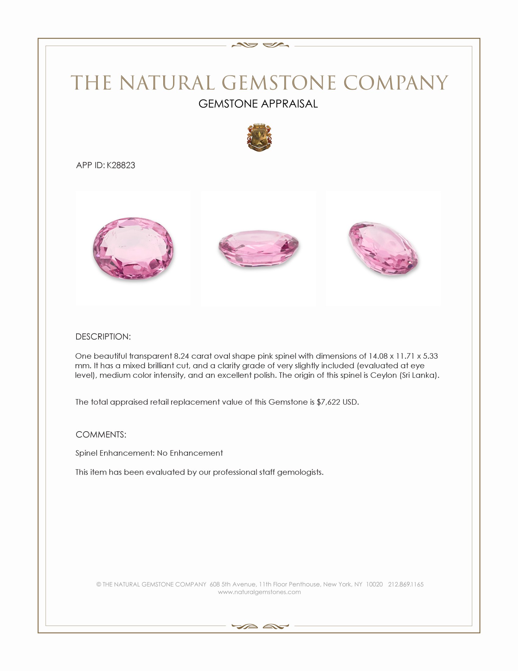 8.24 Ct. Pink Spinel from Ceylon (Sri Lanka)