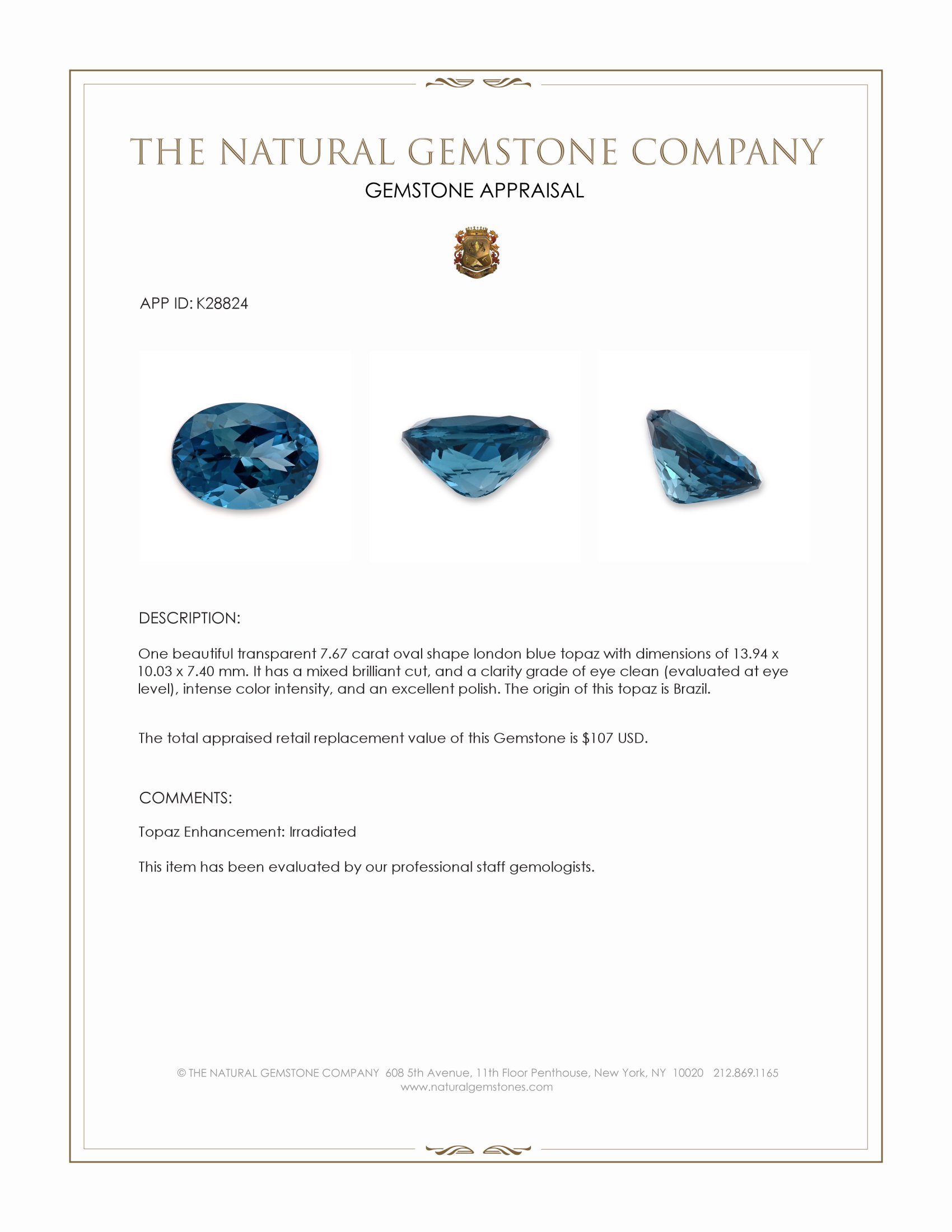 7.67 Ct. London Blue Topaz from Brazil