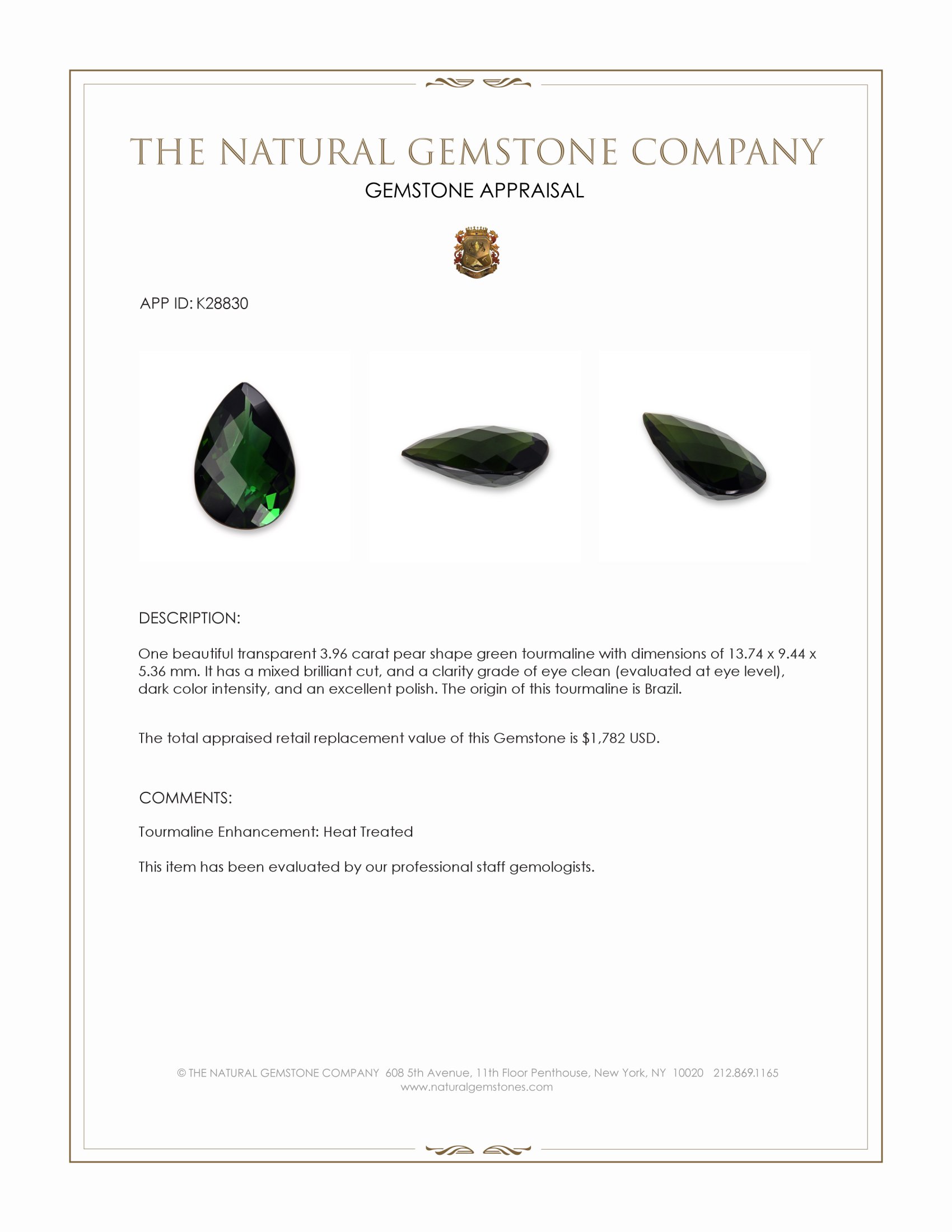 3.96 Ct. Green Tourmaline from Brazil