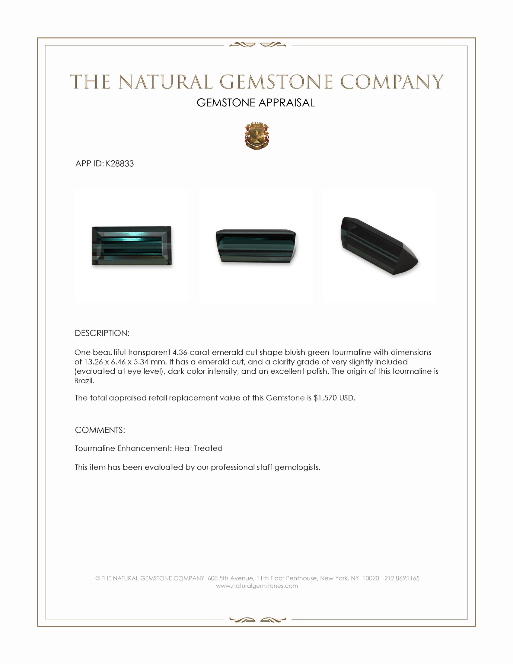 4.36 Ct. Bluish Green Tourmaline from Brazil