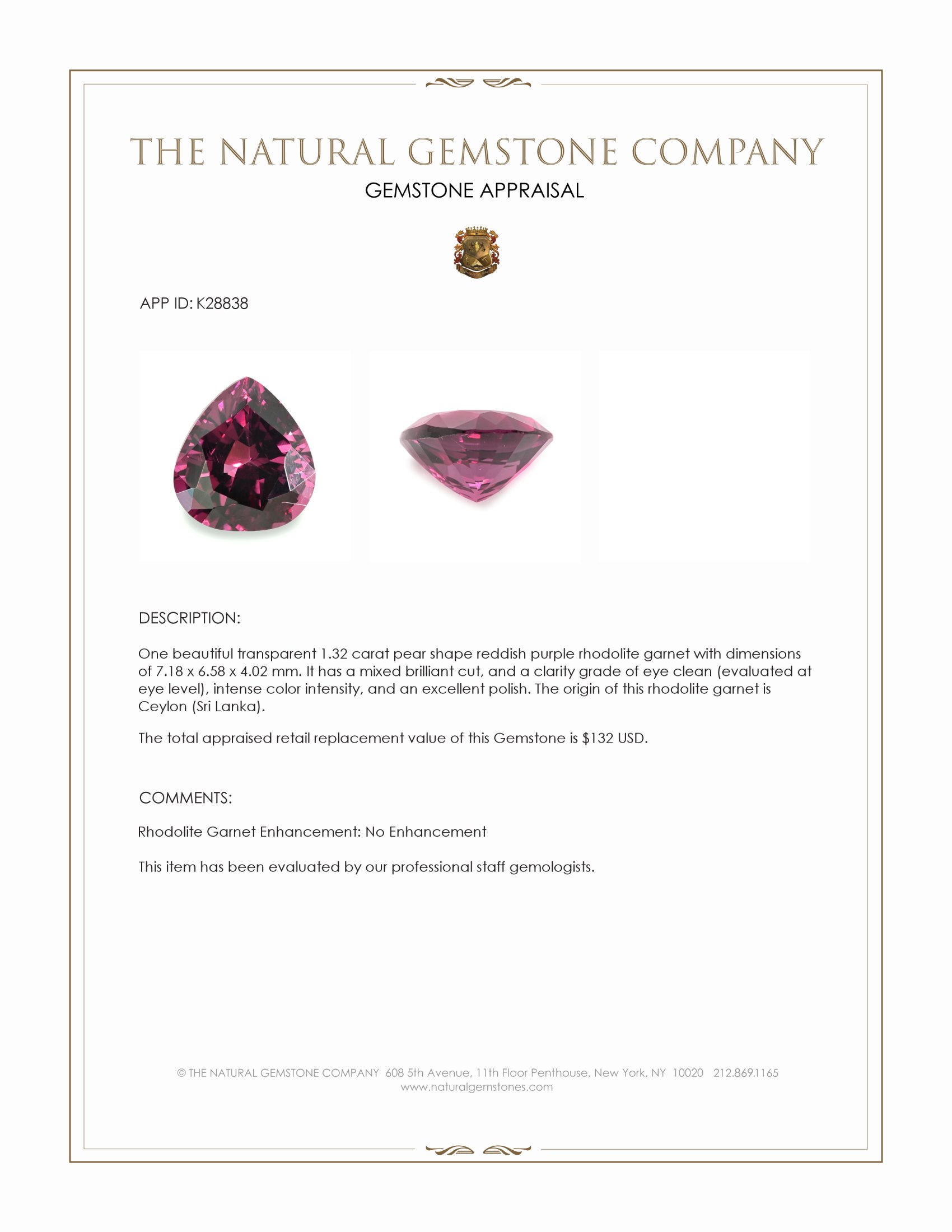 1.32 Ct. Reddish Purple Rhodolite Garnet from Ceylon (Sri Lanka)