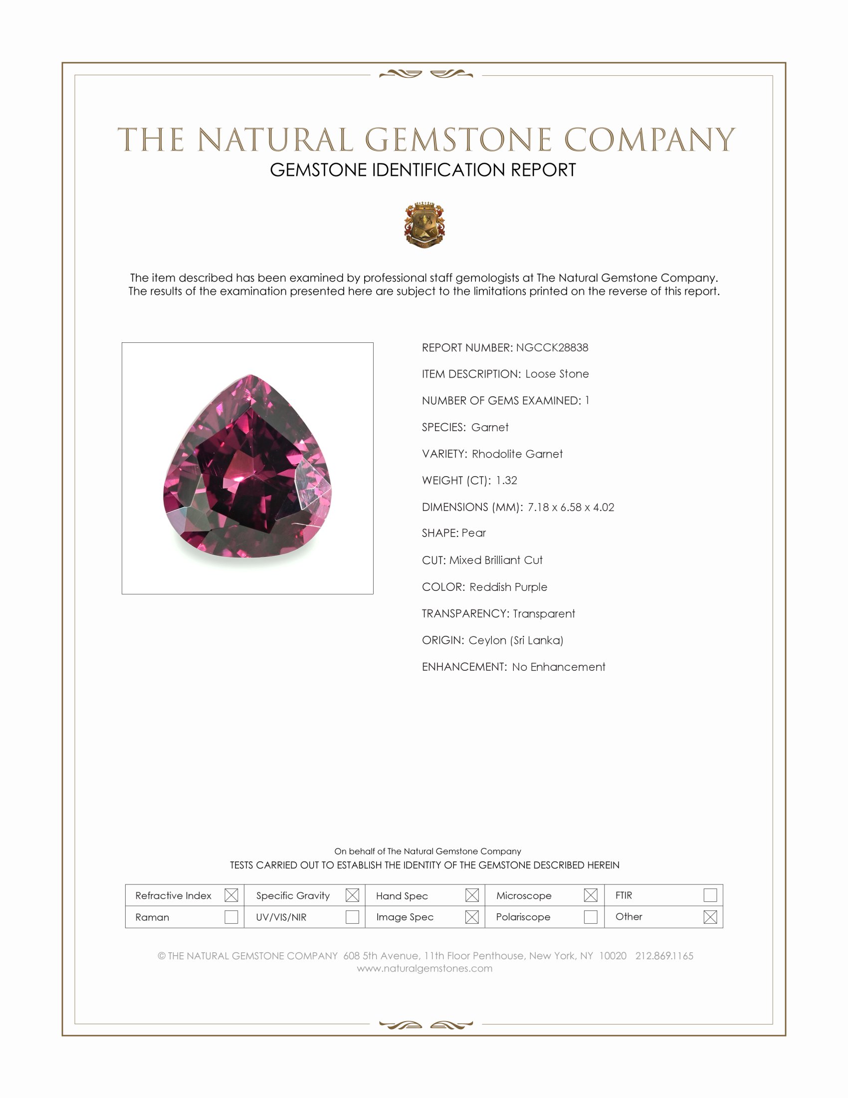 1.32 Ct. Reddish Purple Rhodolite Garnet from Ceylon (Sri Lanka)